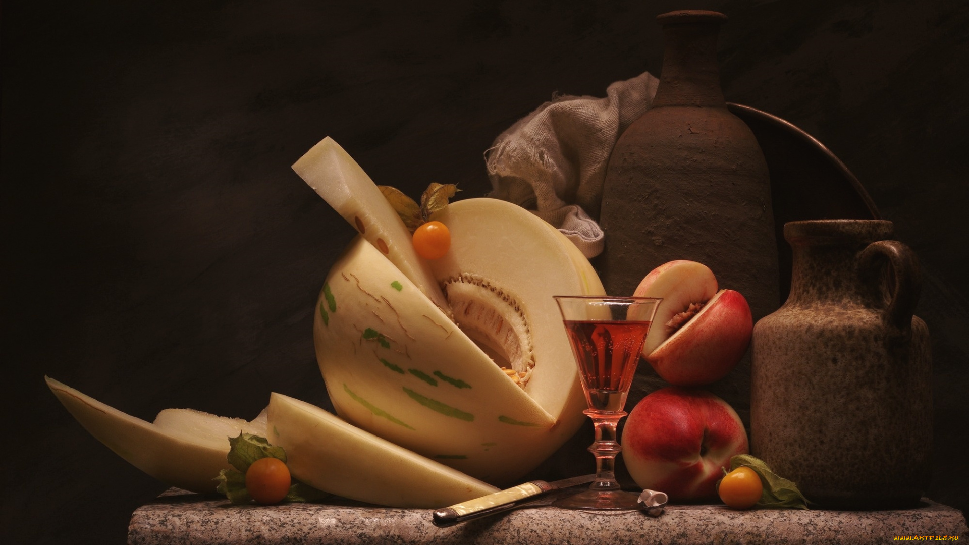 еда, натюрморт, вино, дыня, бокал, кувшин, нож, персик