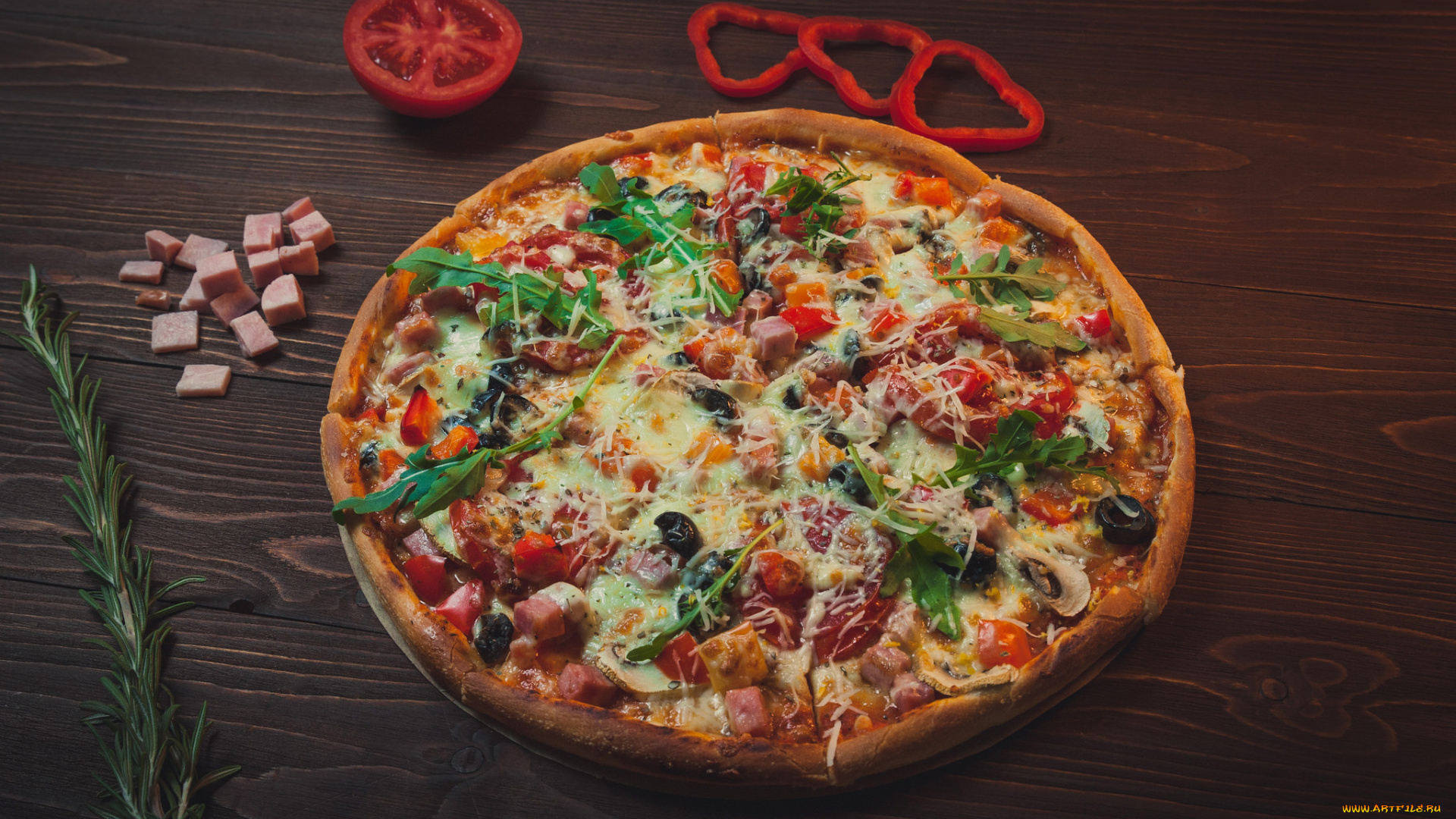 еда, пицца, начинка, томат, перец, ветчина