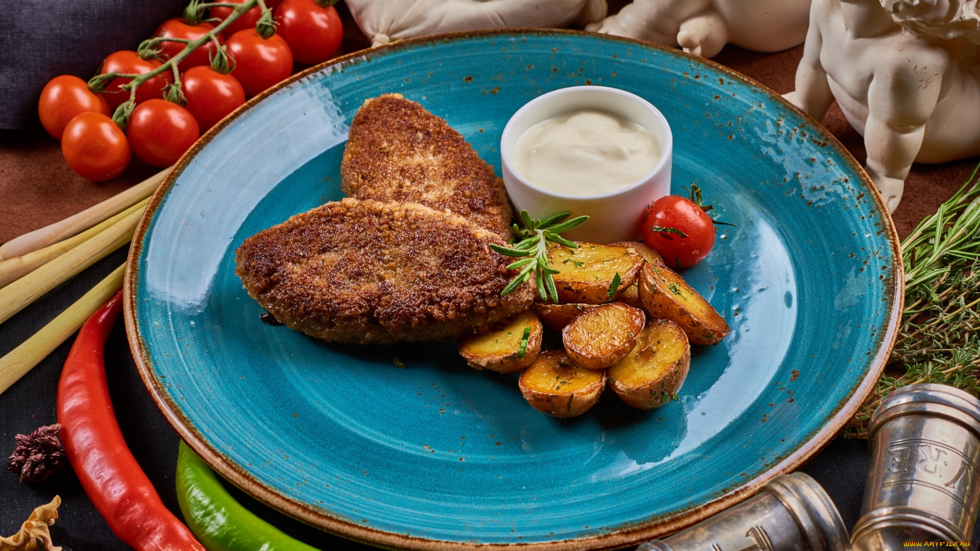 еда, вторые, блюда, чили, помидоры, соус, картофель, котлеты