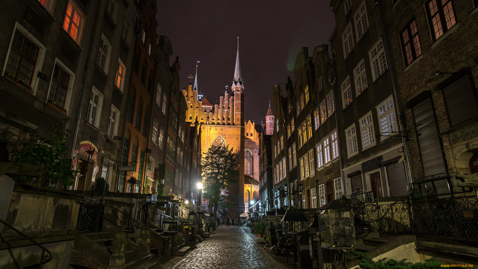 города, гданьск, , польша, улица, освещение, здания, вечер