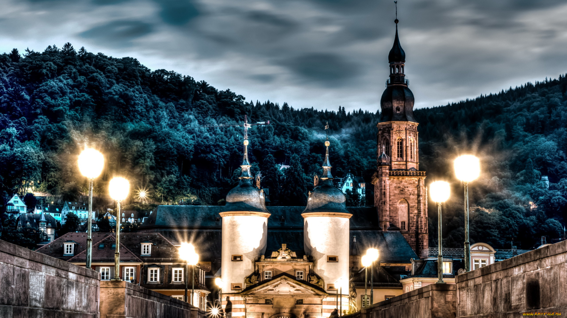 города, гейдельберг, , германия, фонари, башни, вечер