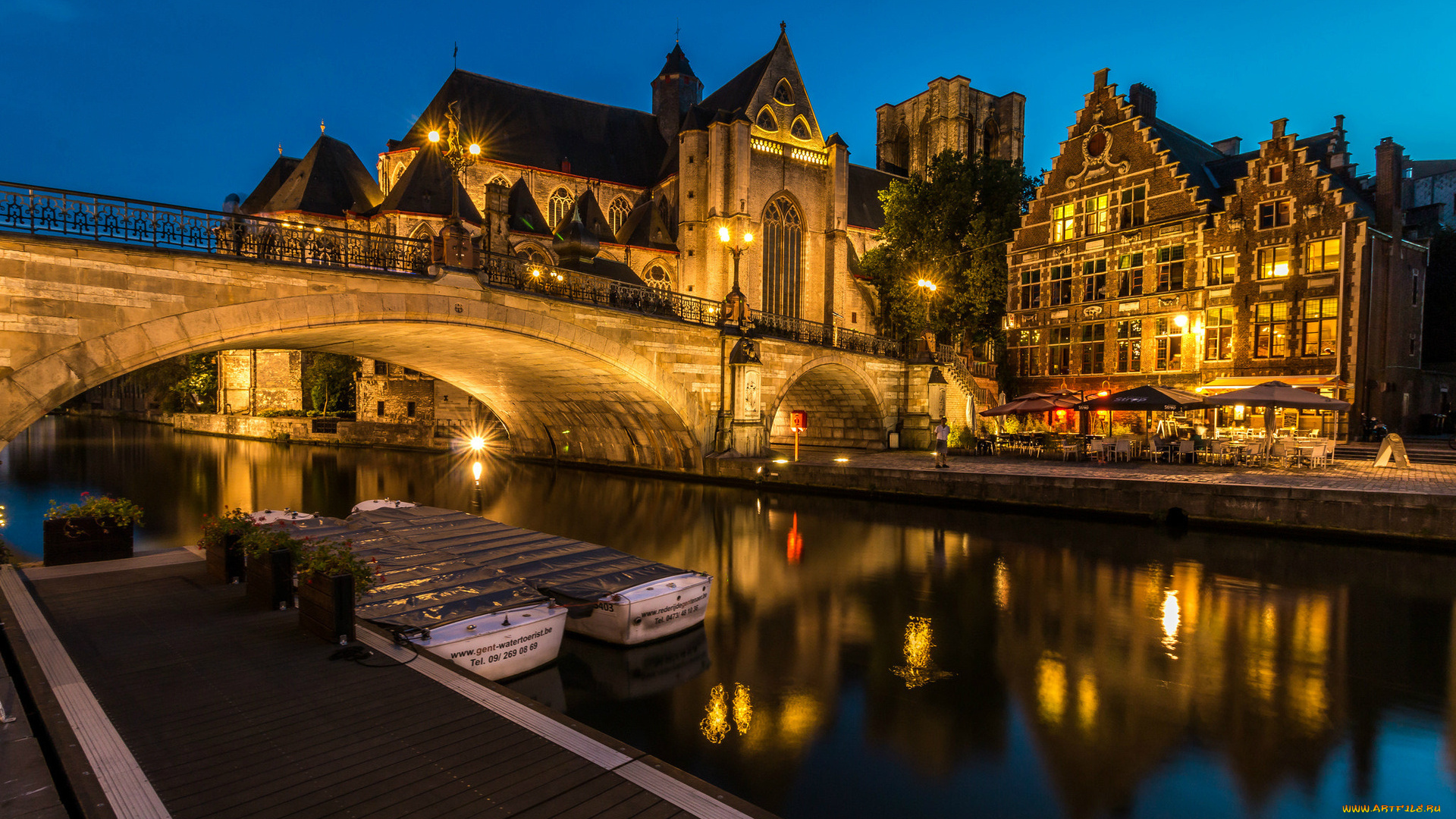города, гент, , бельгия, канал, мост, вечер, огни