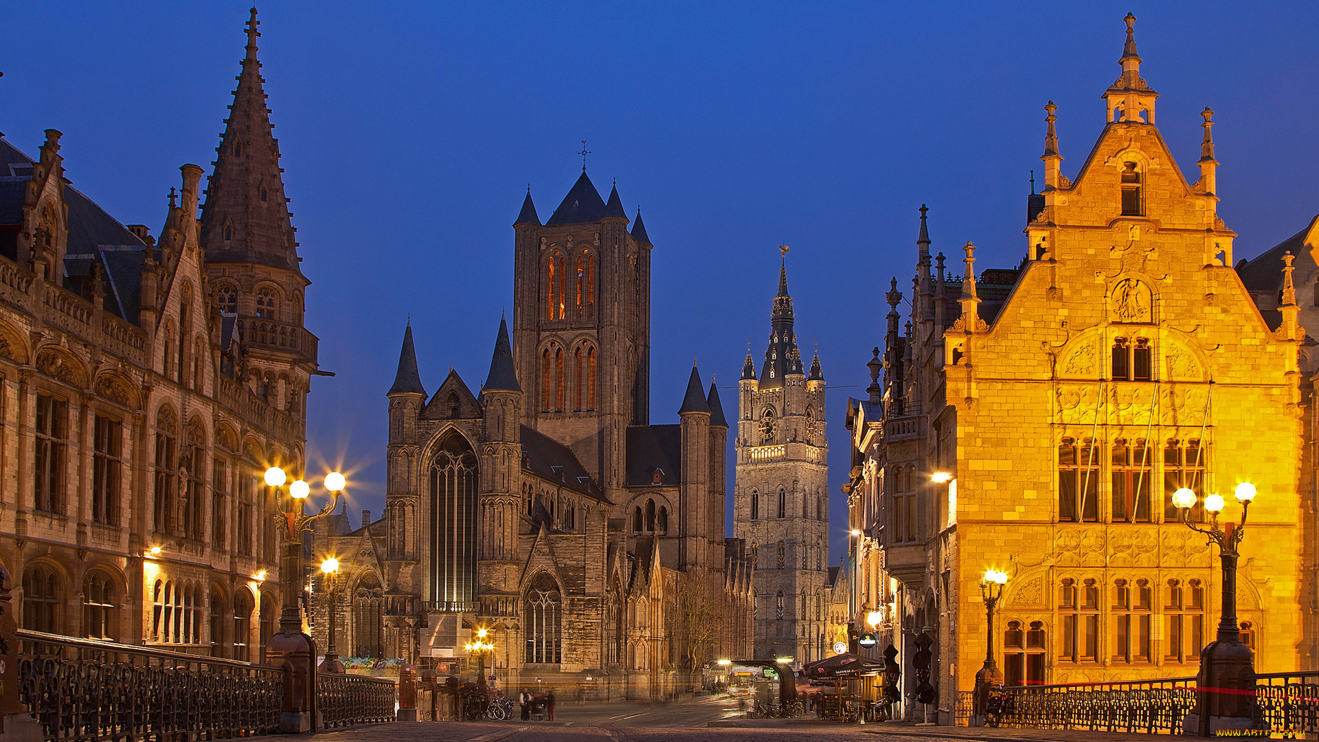 города, гент, , бельгия, улица, здания, вечер, огни