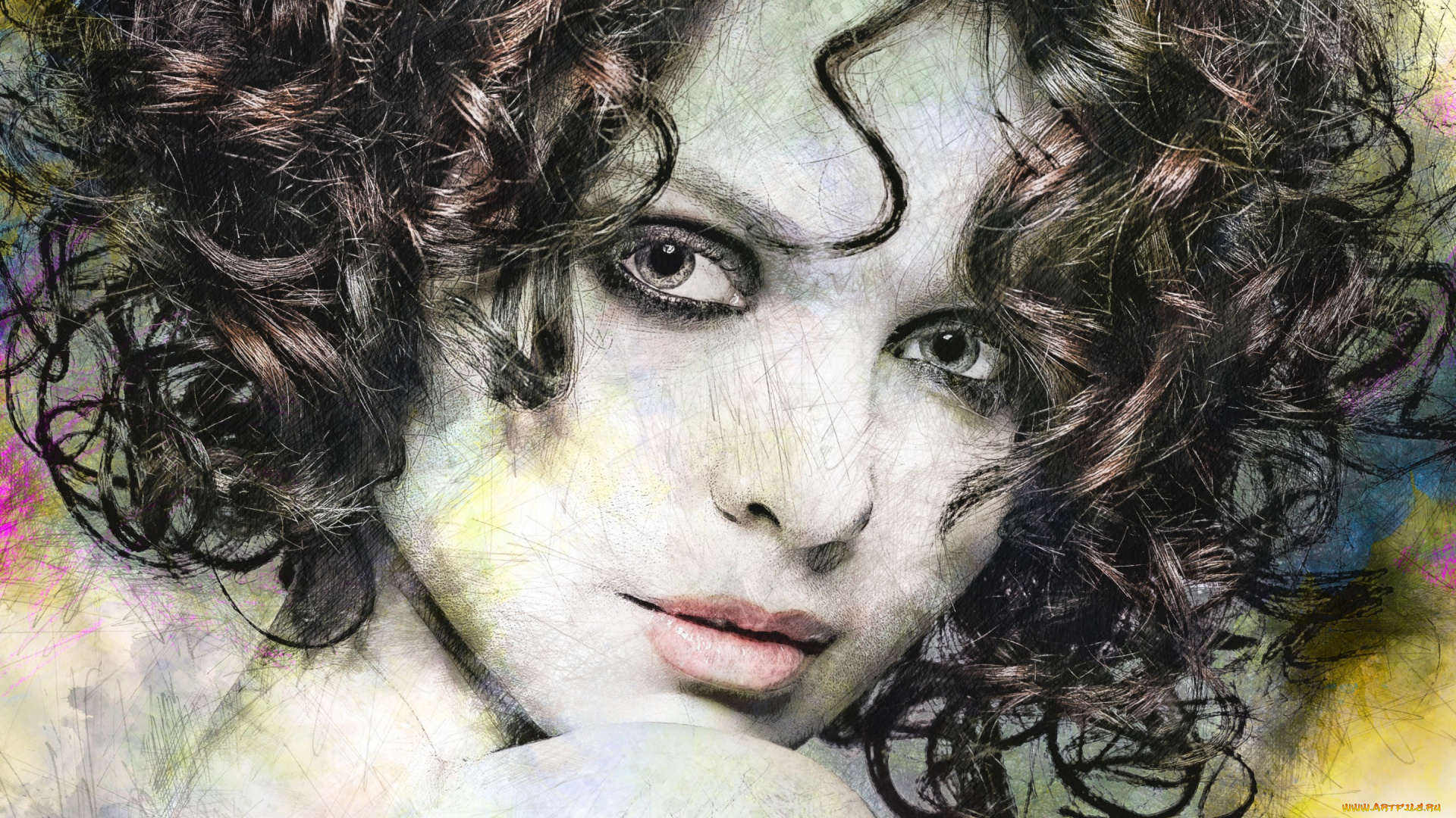 разное, компьютерный, дизайн, взгляд, лицо, кудри, арт, девушка