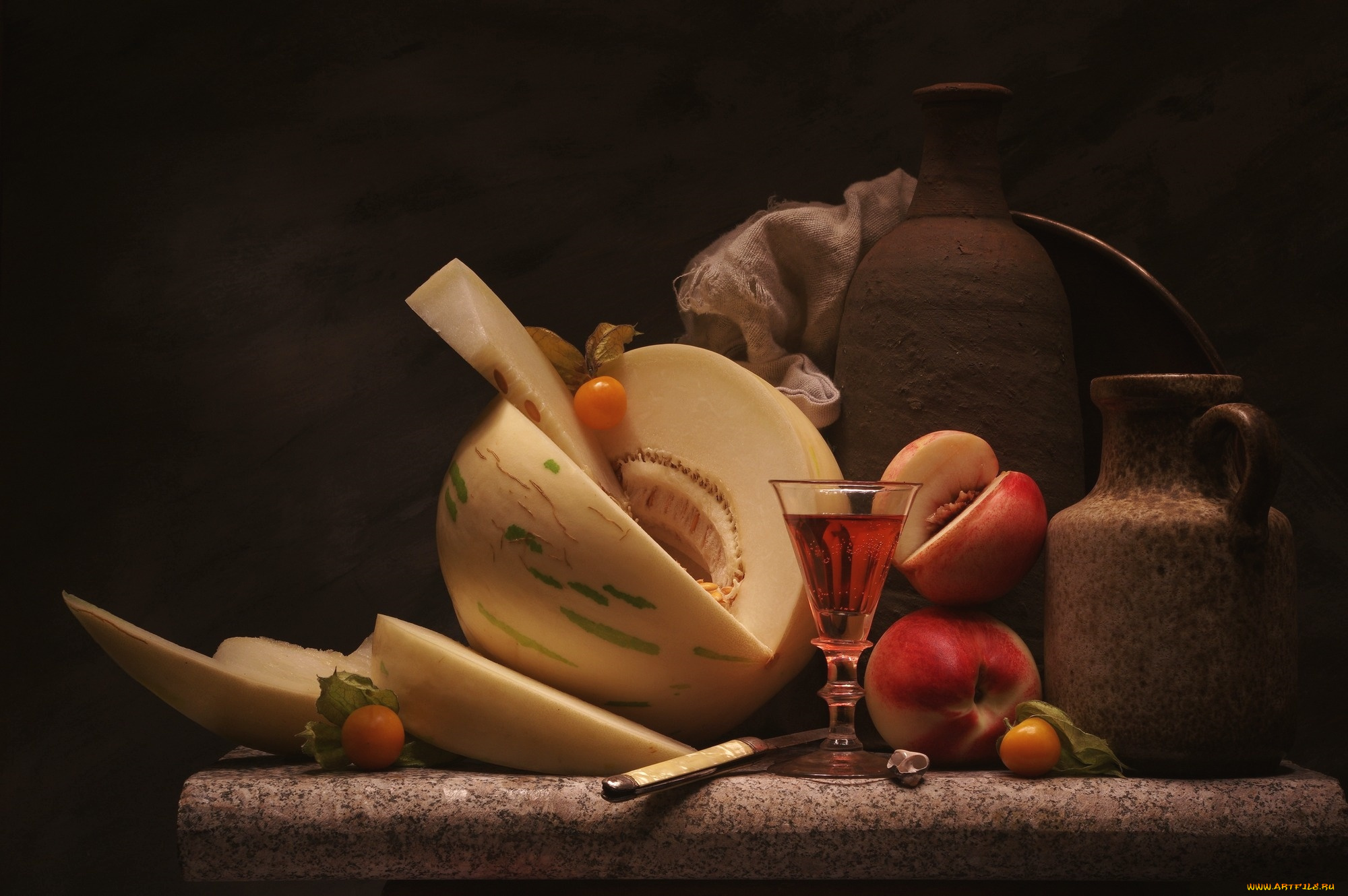 еда, натюрморт, вино, дыня, бокал, кувшин, нож, персик