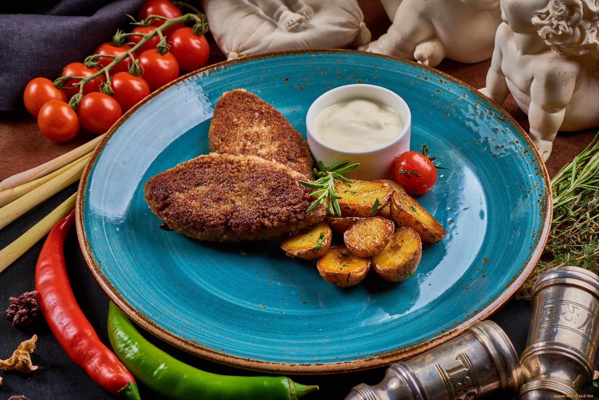 еда, вторые, блюда, чили, помидоры, соус, картофель, котлеты