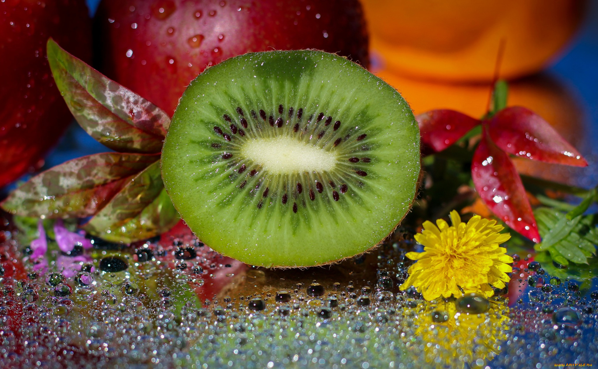 еда, киви, цветы, листики, капли