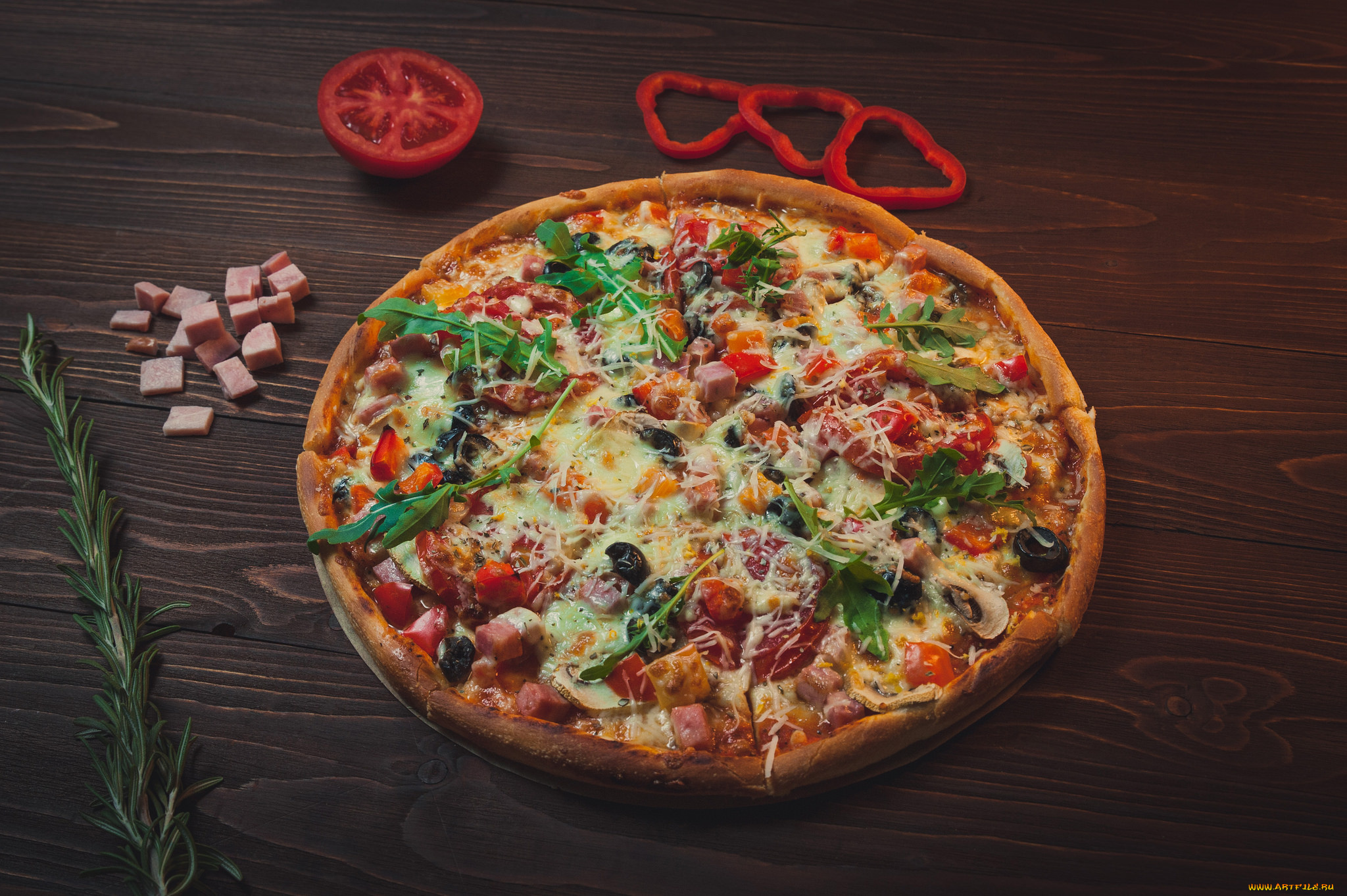 еда, пицца, начинка, томат, перец, ветчина