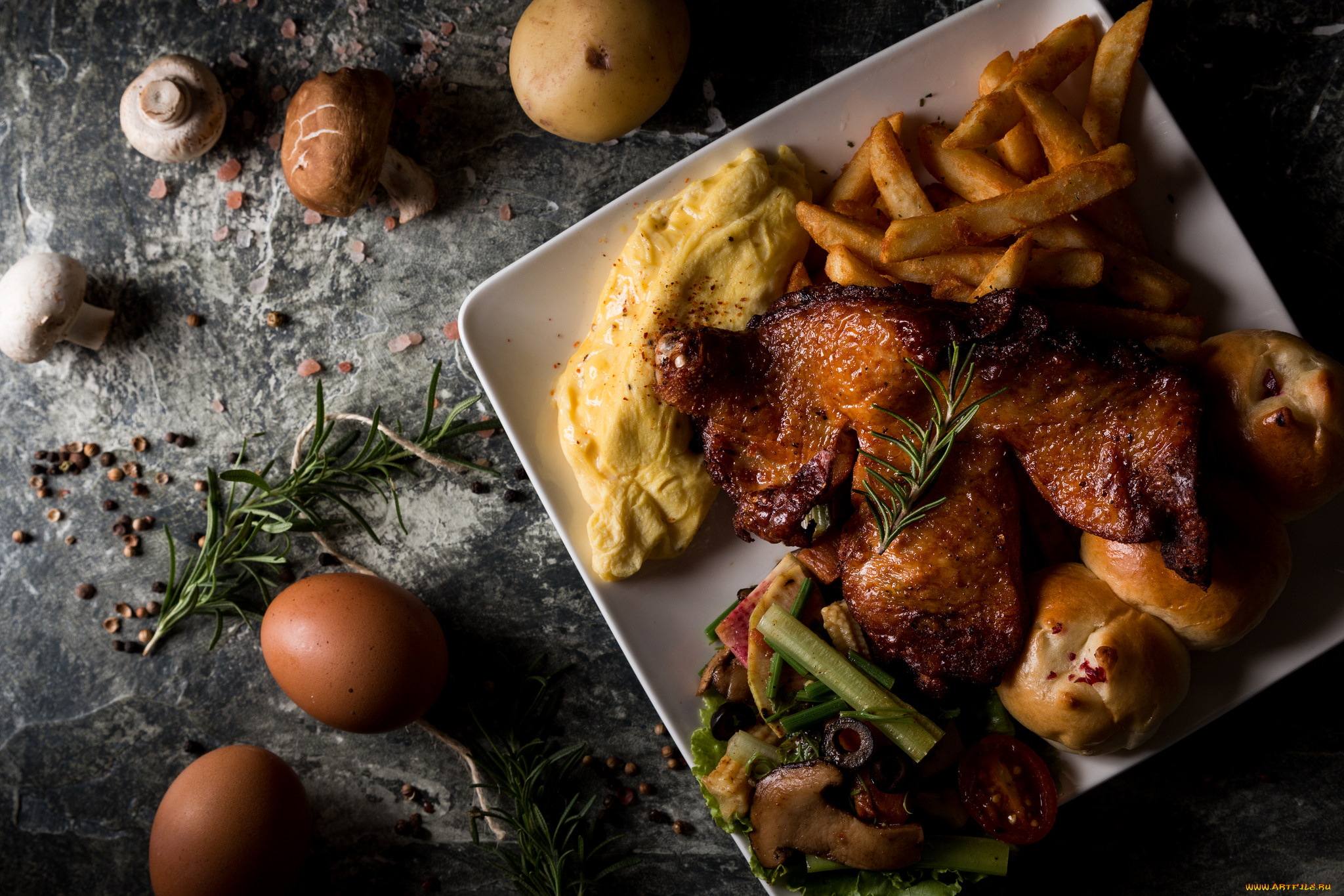 еда, вторые, блюда, салат, пончики, соус, картофель, фри, мясо