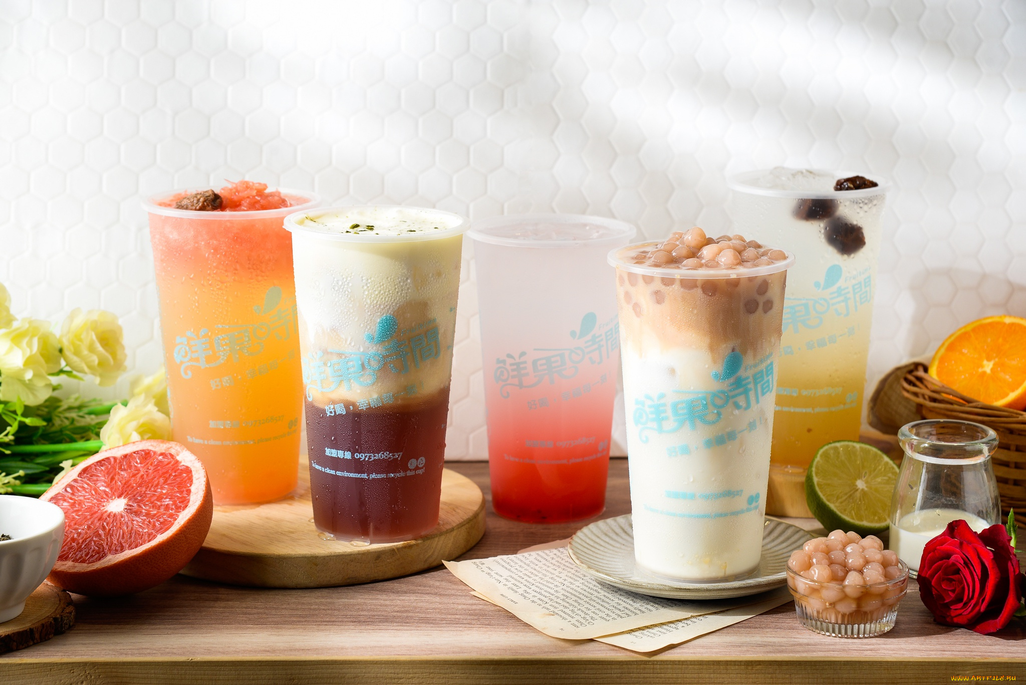 еда, напитки, роза, лайм, стаканы, фрукты, апельсин