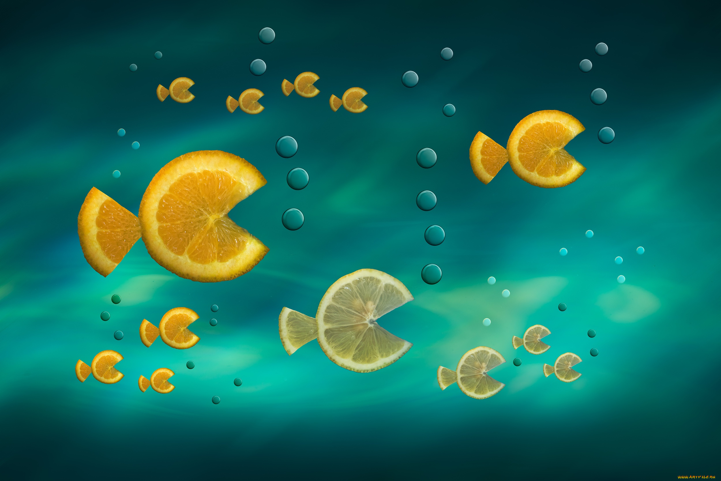 разное, компьютерный, дизайн, дольки, fish, in, the, sea, рыбки, цитрусы