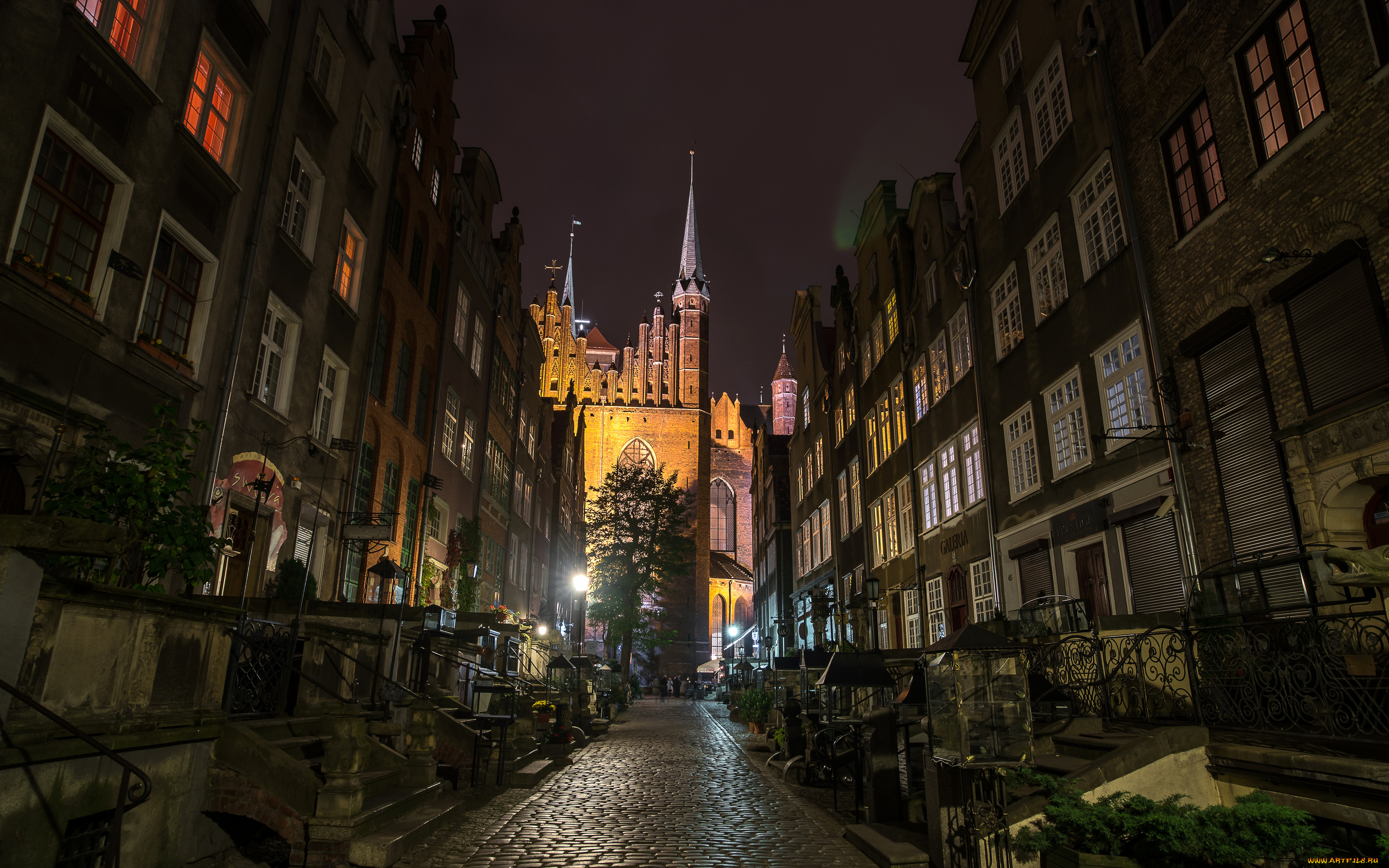 города, гданьск, , польша, улица, освещение, здания, вечер
