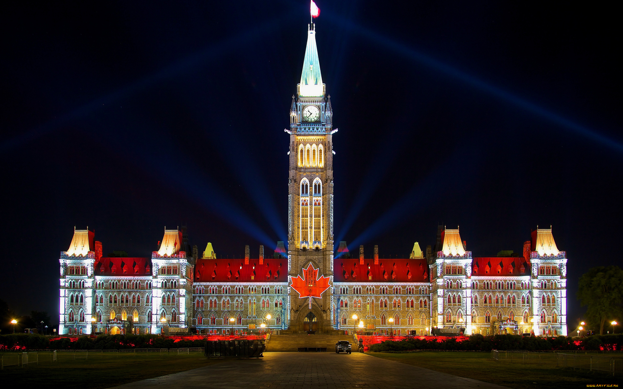 города, оттава, , канада, часы, башня, освещение, вечер, здание