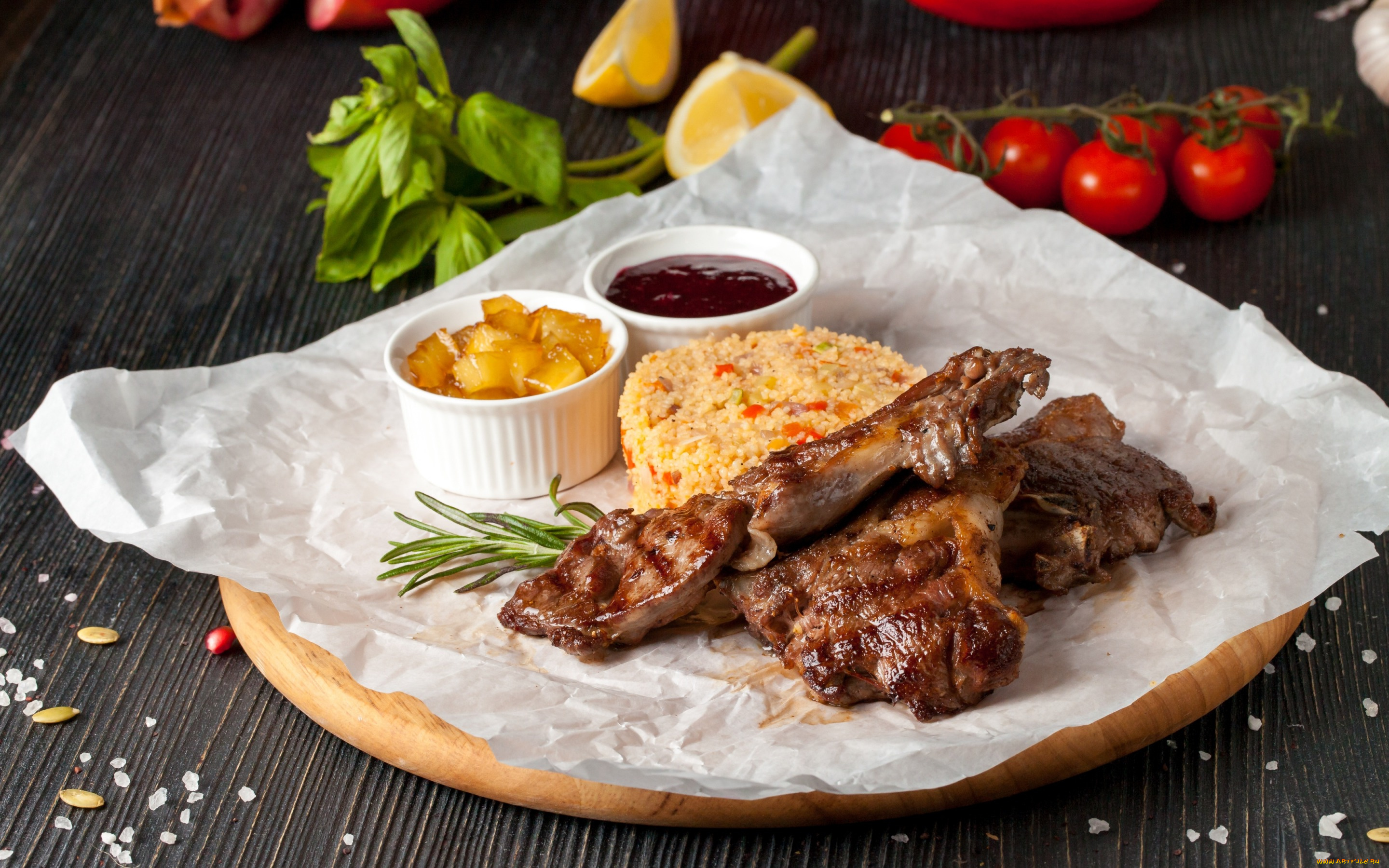 еда, мясные, блюда, соус, помидор, мясо, ребра