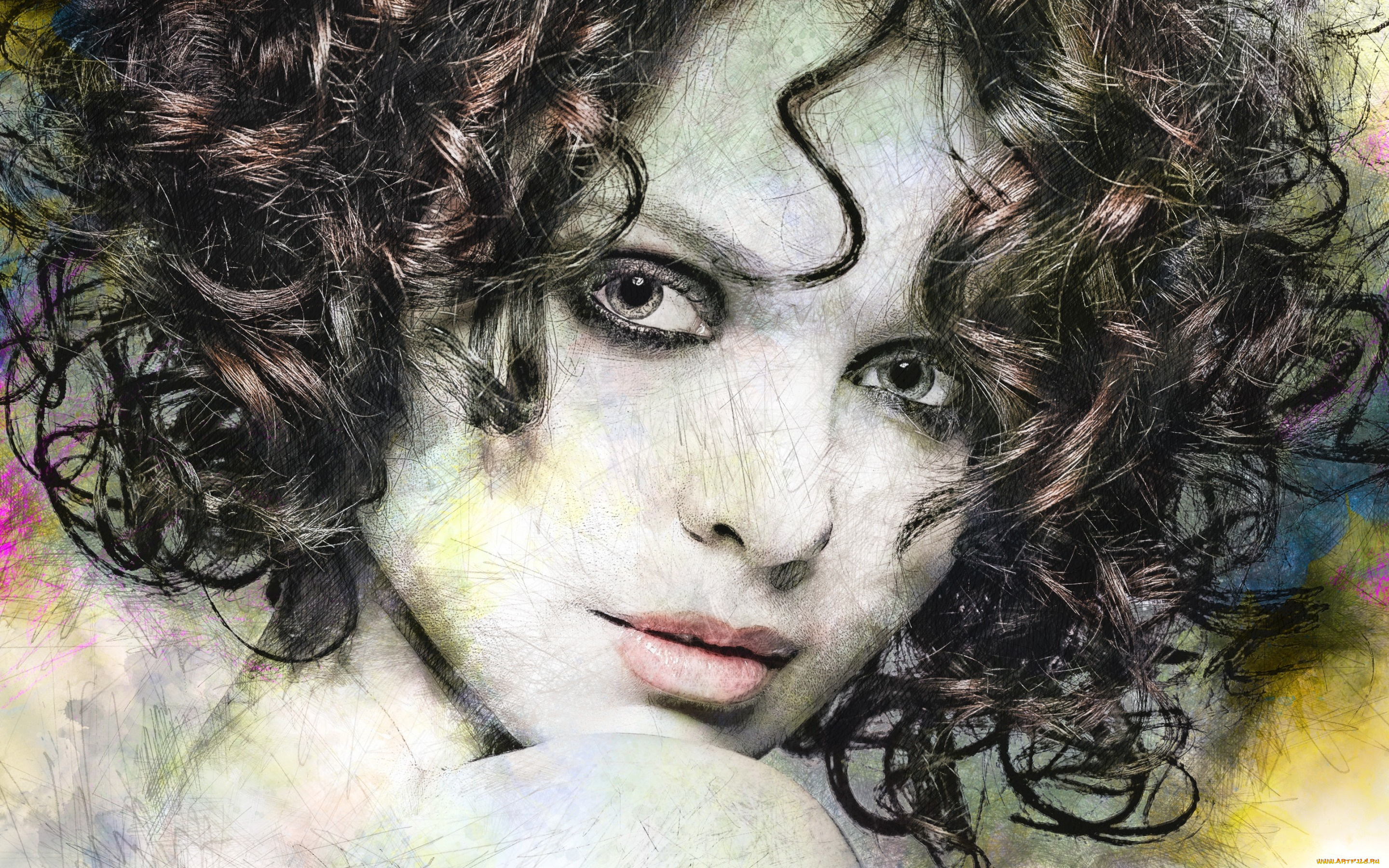 разное, компьютерный, дизайн, взгляд, лицо, кудри, арт, девушка