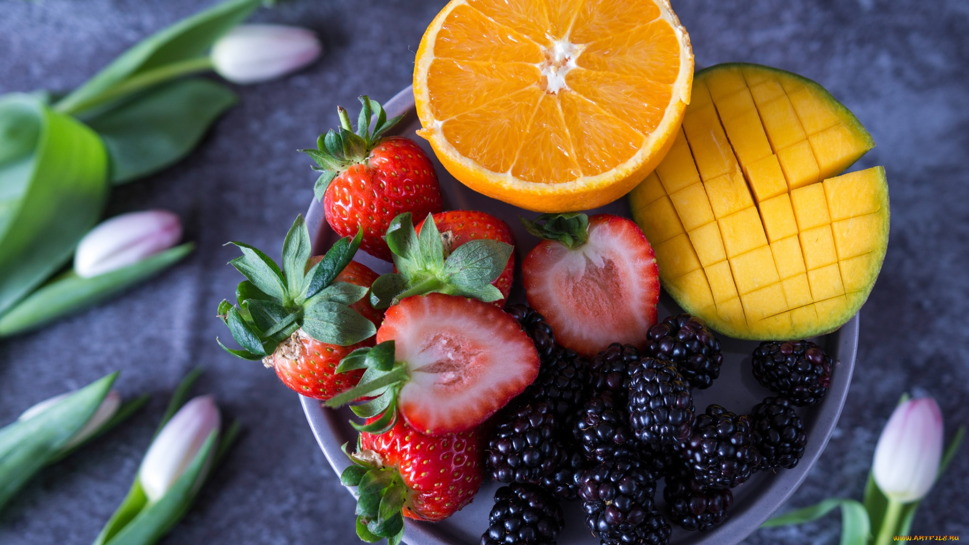 еда, фрукты, , ягоды, ежевика, манго, тюльпаны, апельсин, клубника