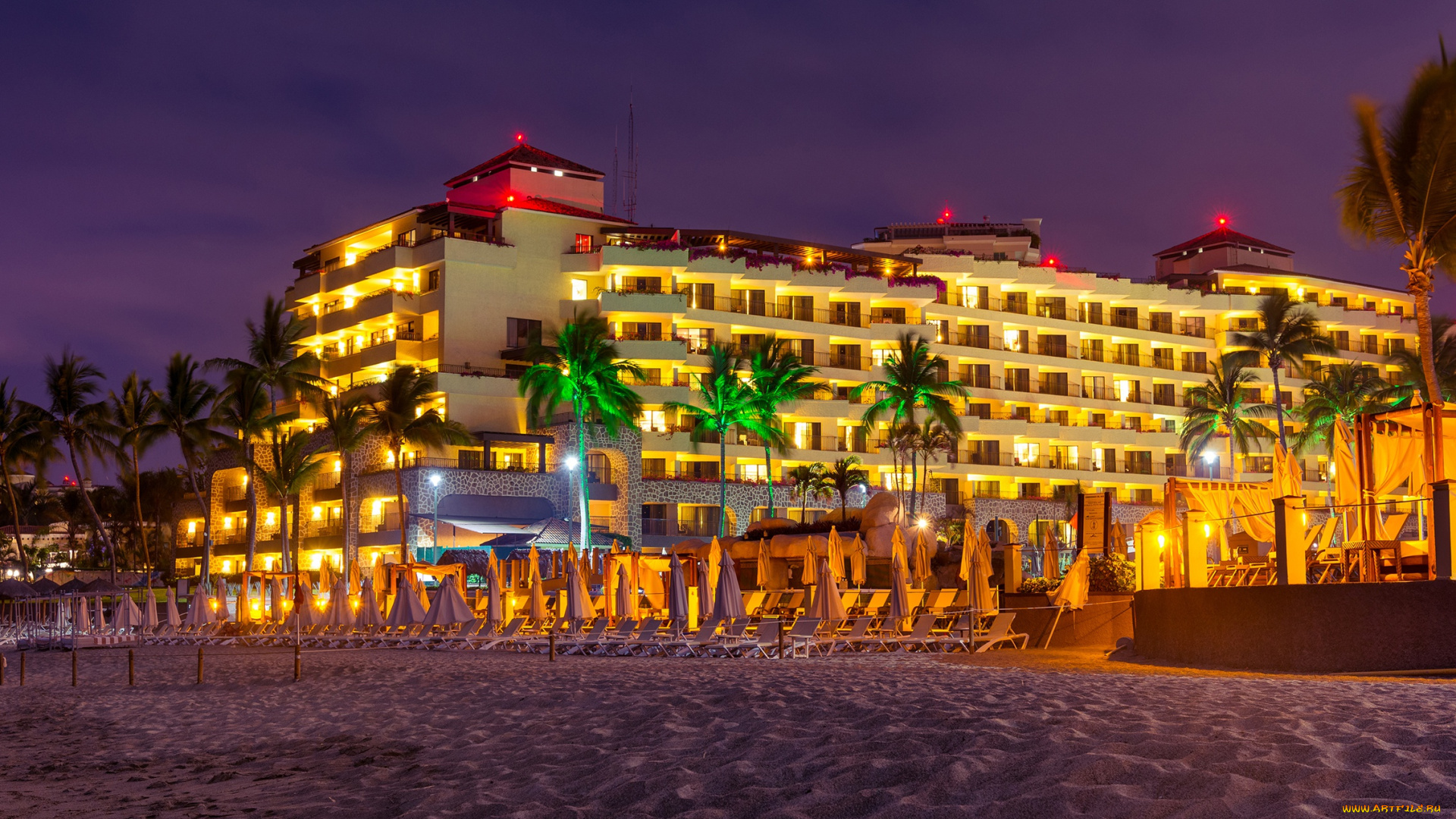 города, -, огни, ночного, города, puerto, vallarta, шезлонги, отель, огни, ночь, пляж, песок, фонари, мексика, пальмы