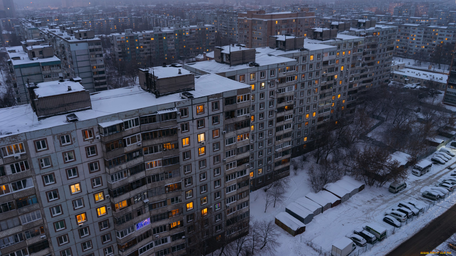 города, -, здания, , дома, россия, мрачный, серый, деревья, зима, снег, дом, город