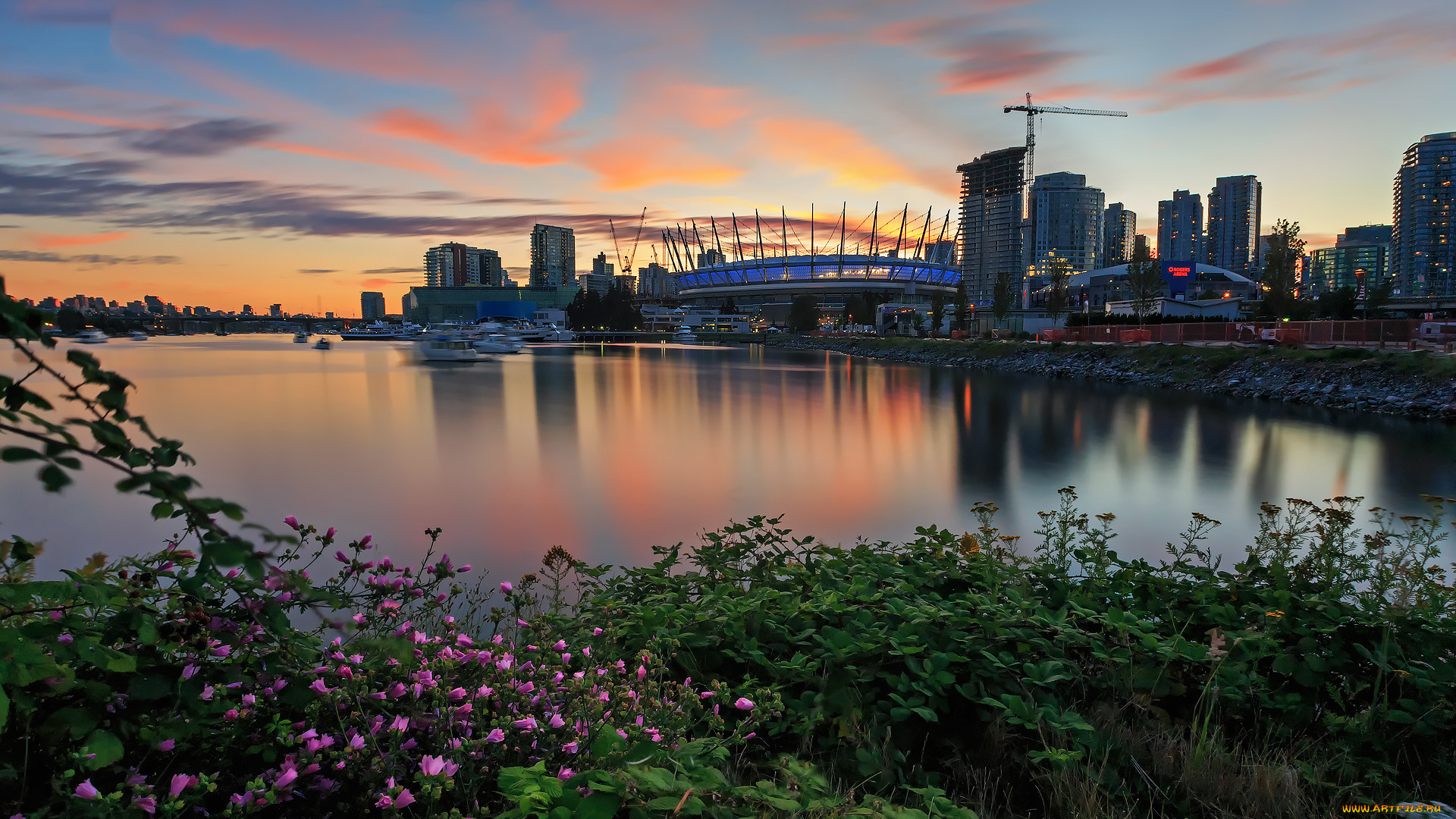 города, ванкувер, , канада, река, закат