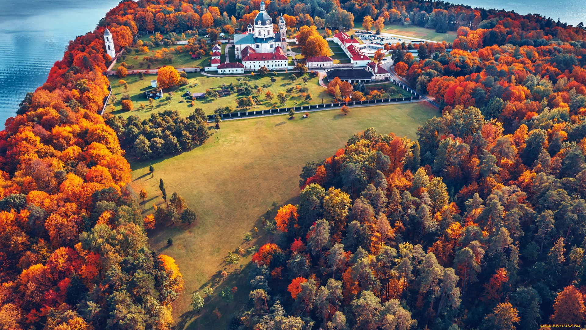 литва, города, -, дворцы, , замки, , крепости, деревья, вид, с, высоты, осень, пейзаж