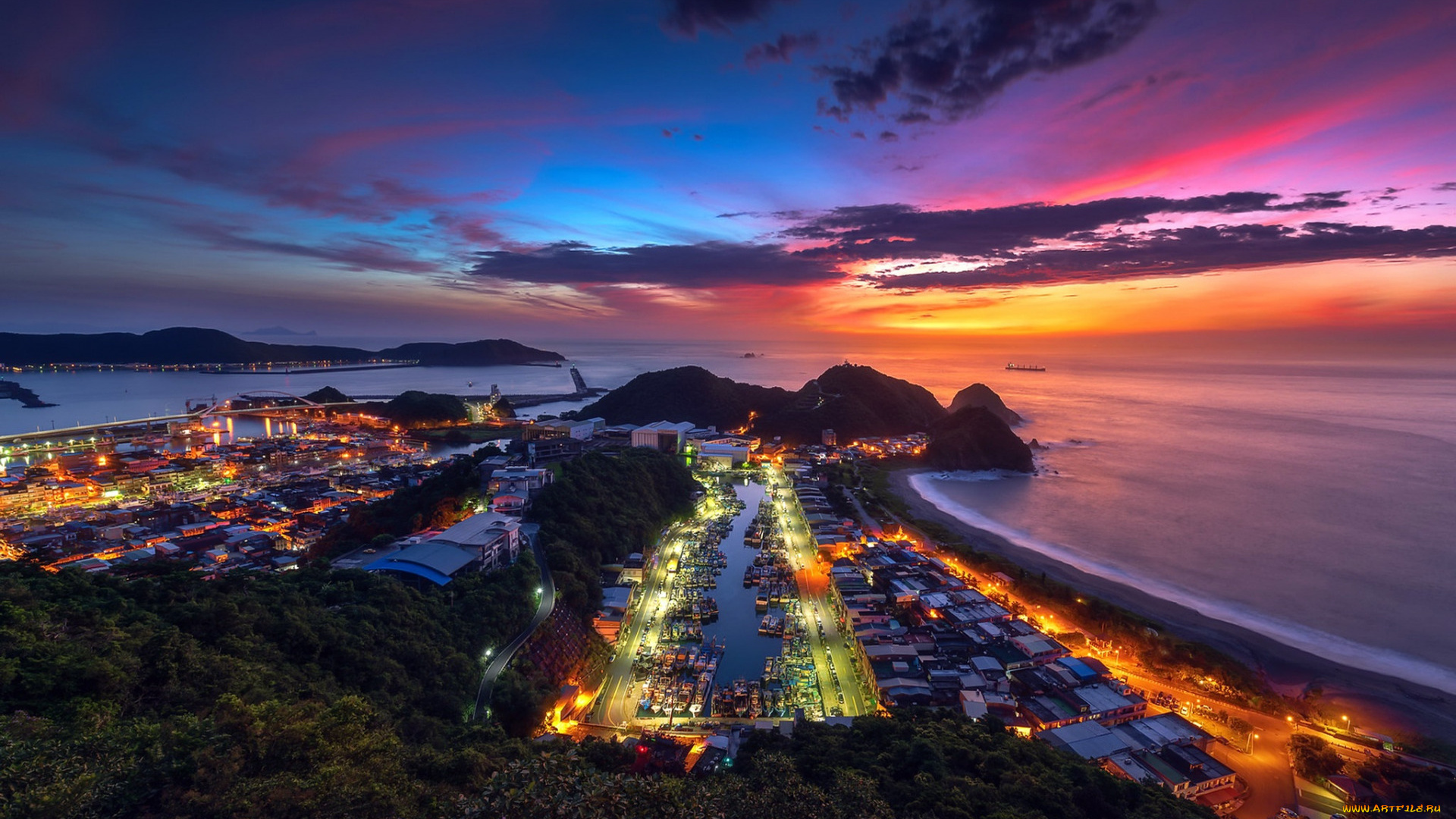 suao, , taiwan, города, -, огни, ночного, города, суао, тайвань, вечер, закат, побережье, океана, тихий, океан