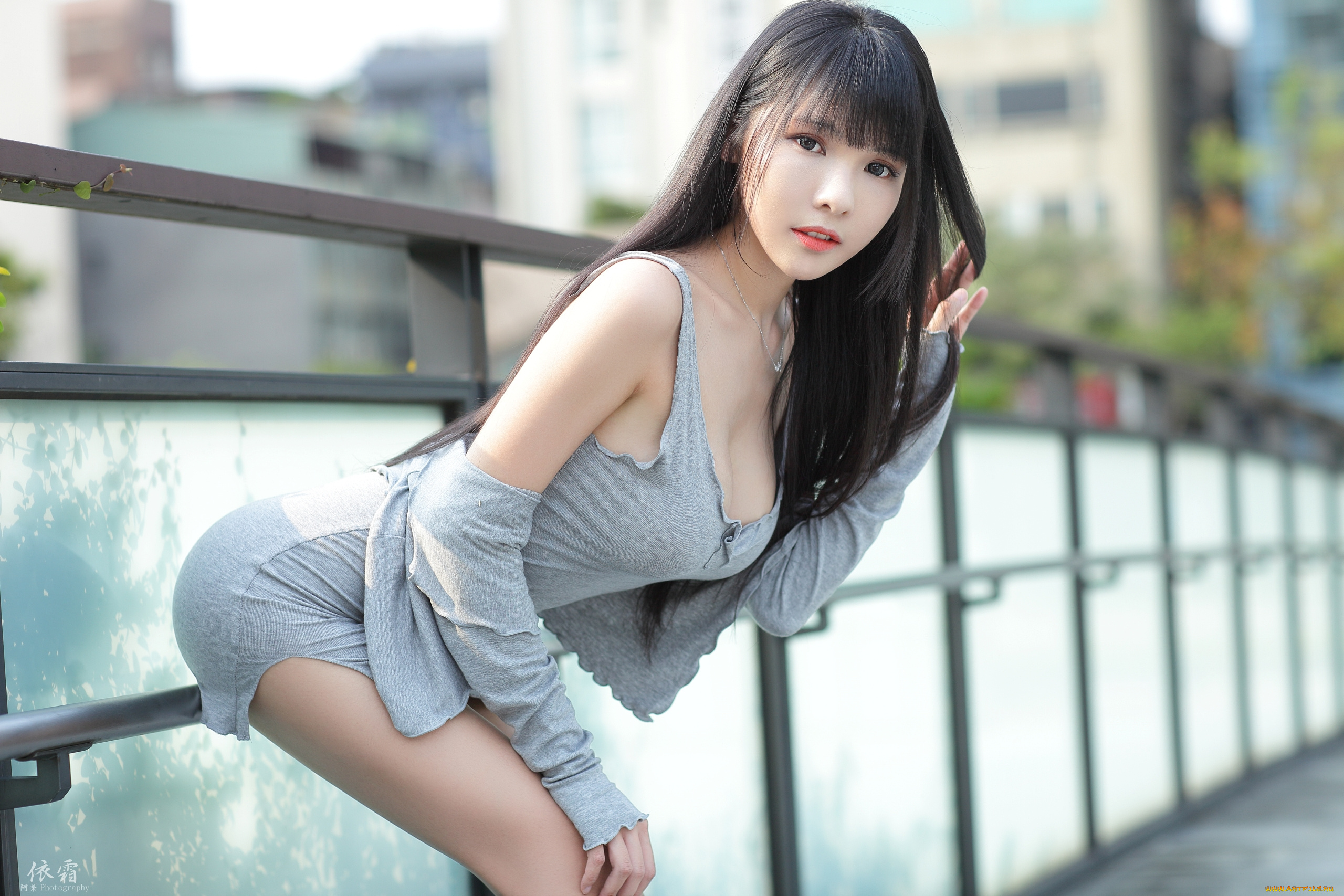 девушки, -, азиатки, азиатки, vicky, поза, мост, город