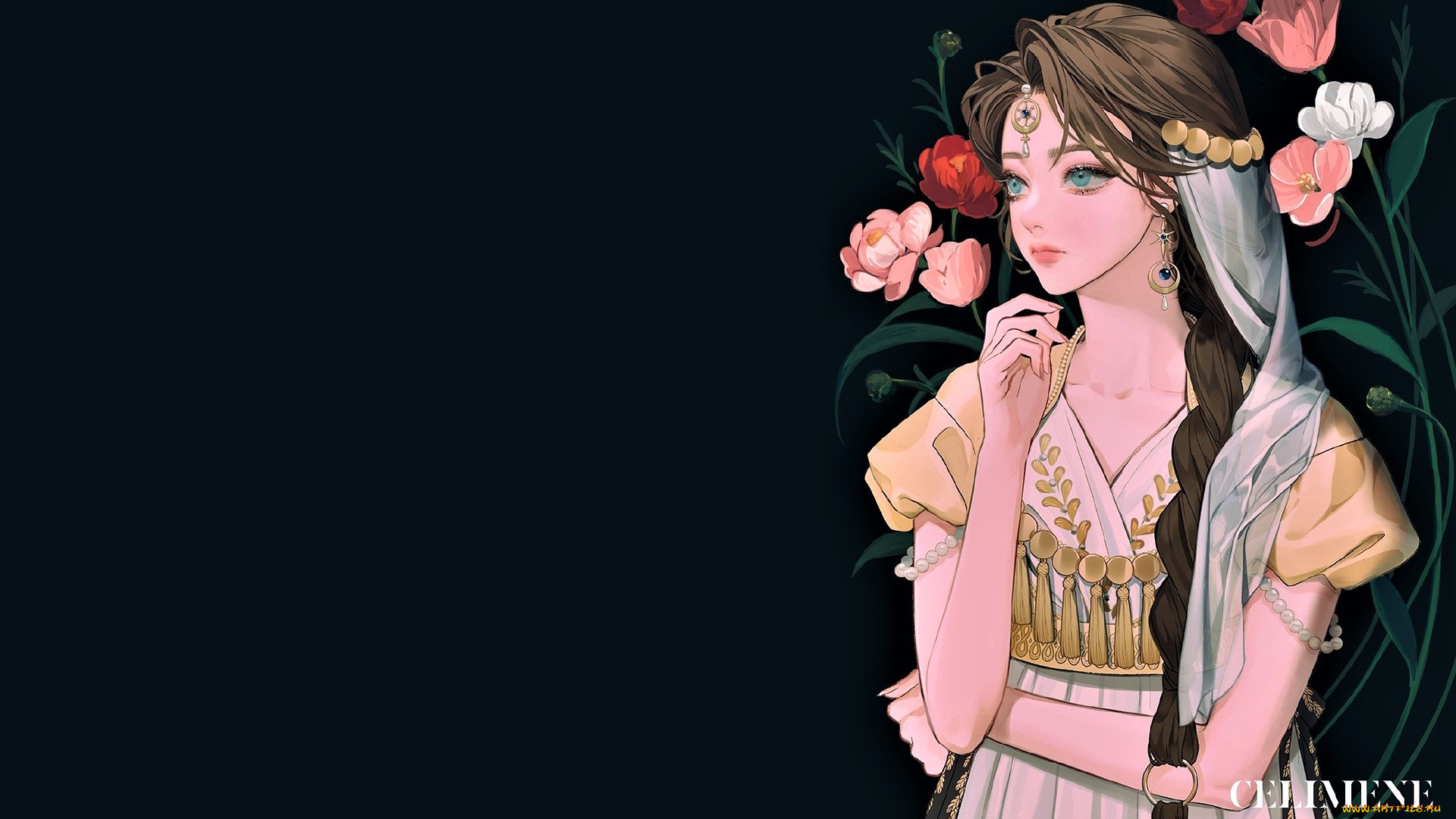 аниме, unknown, , другое, , девушка, коса, цветы