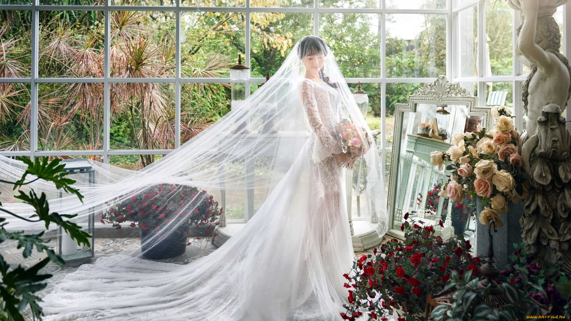 девушки, -, невесты, азиатка, невеста, фата, свадебное, платье, букет