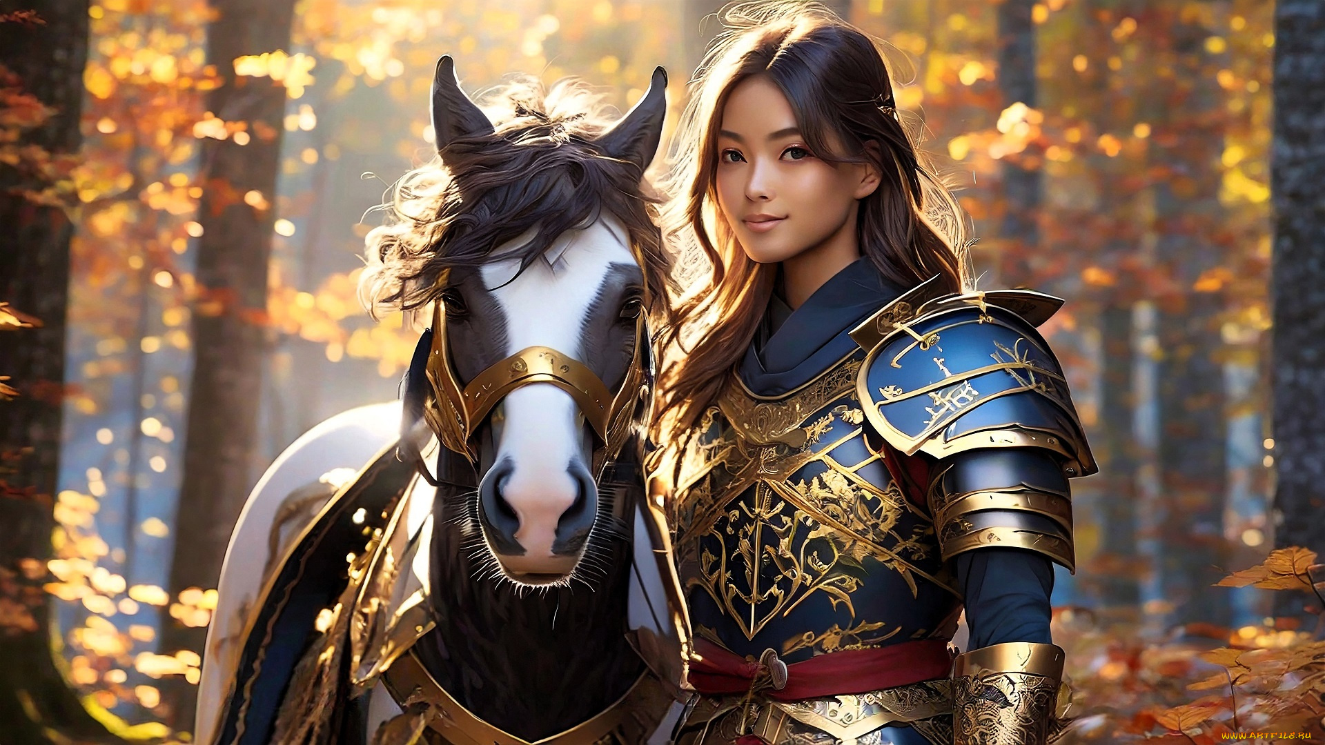 3д, графика, люди, и, животные, , people, and, animals, девушка, латы, лошадь, лес, осень