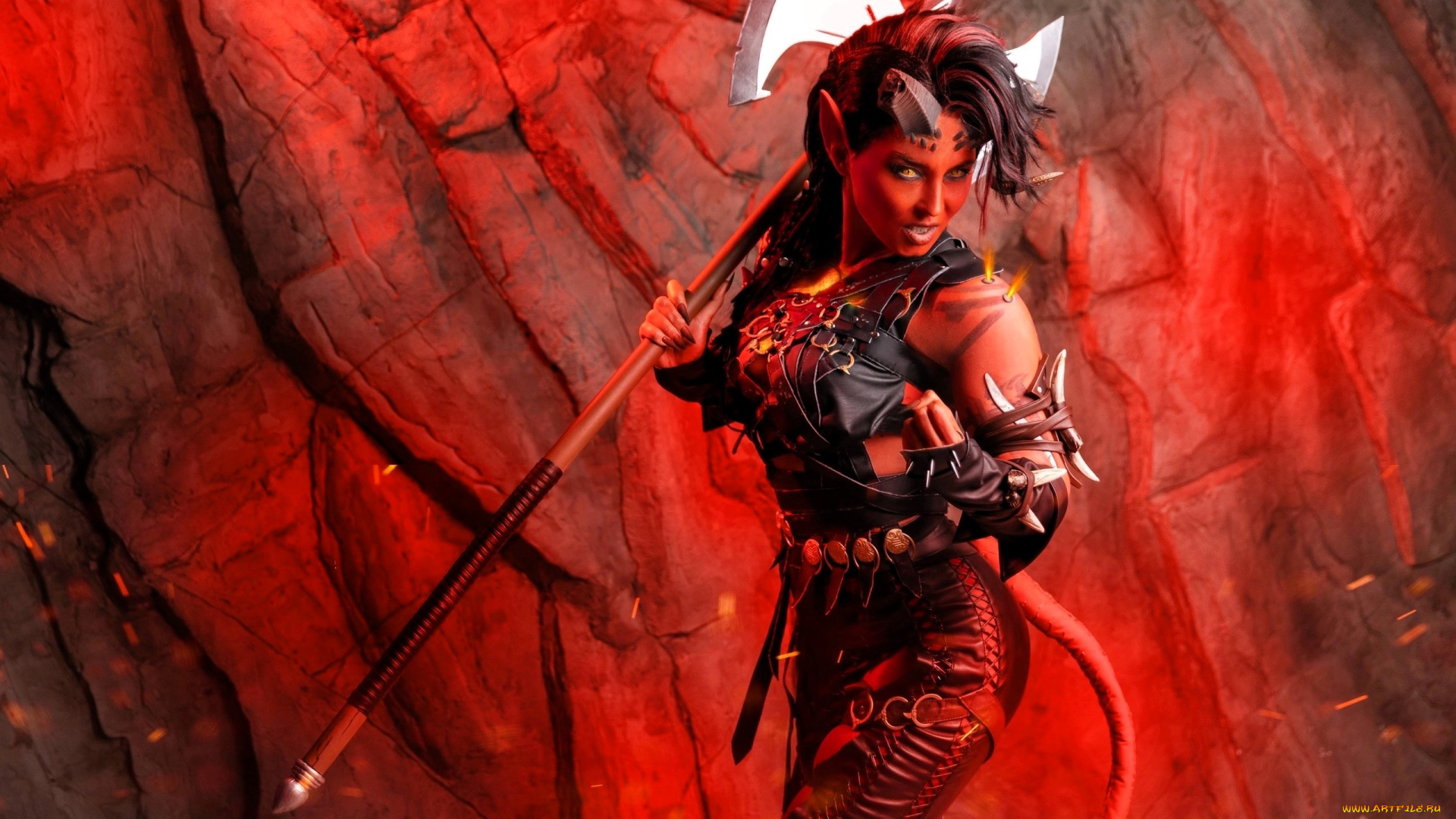 девушки, анна, шаховская, образ, косплей, наряд, костюм, демонесса, секира, скалы, искры
