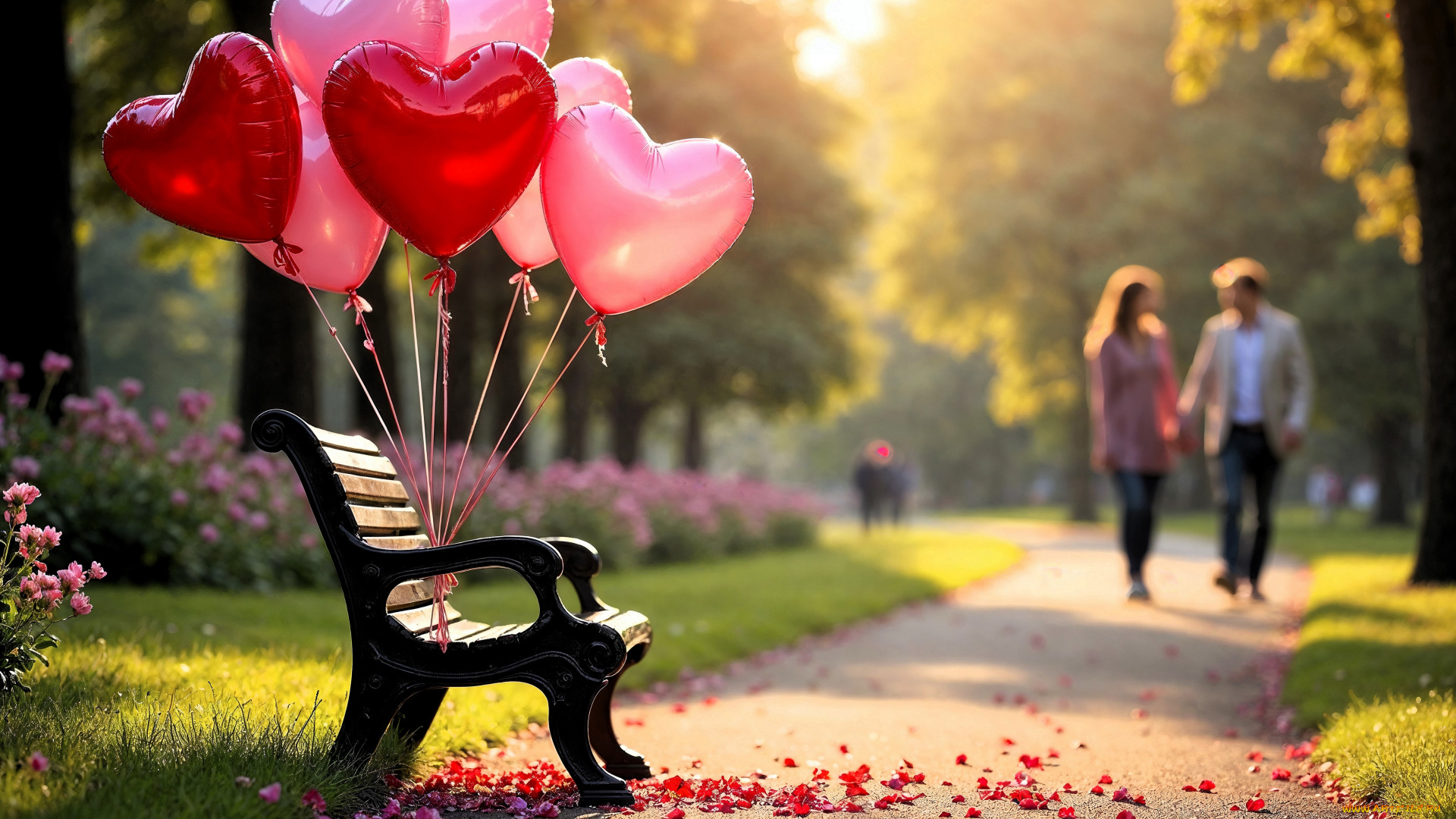 праздничные, день, святого, валентина, , сердечки, , любовь, парк, пара, аллея, дорожка, лепестки, скамейка, шарики, цветы