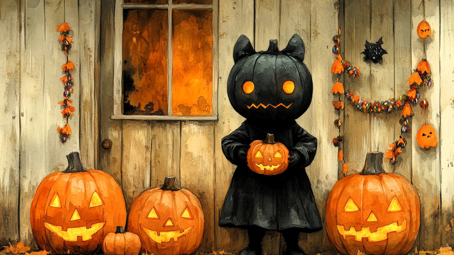 праздничные, хэллоуин, дом, окно, осень, гирлянды, тыквы, костюм, листья