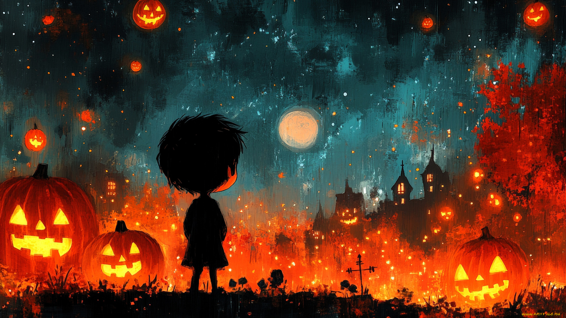 праздничные, хэллоуин, небо, ночь, тыквы, фонари, свет, ребенок, дома, город