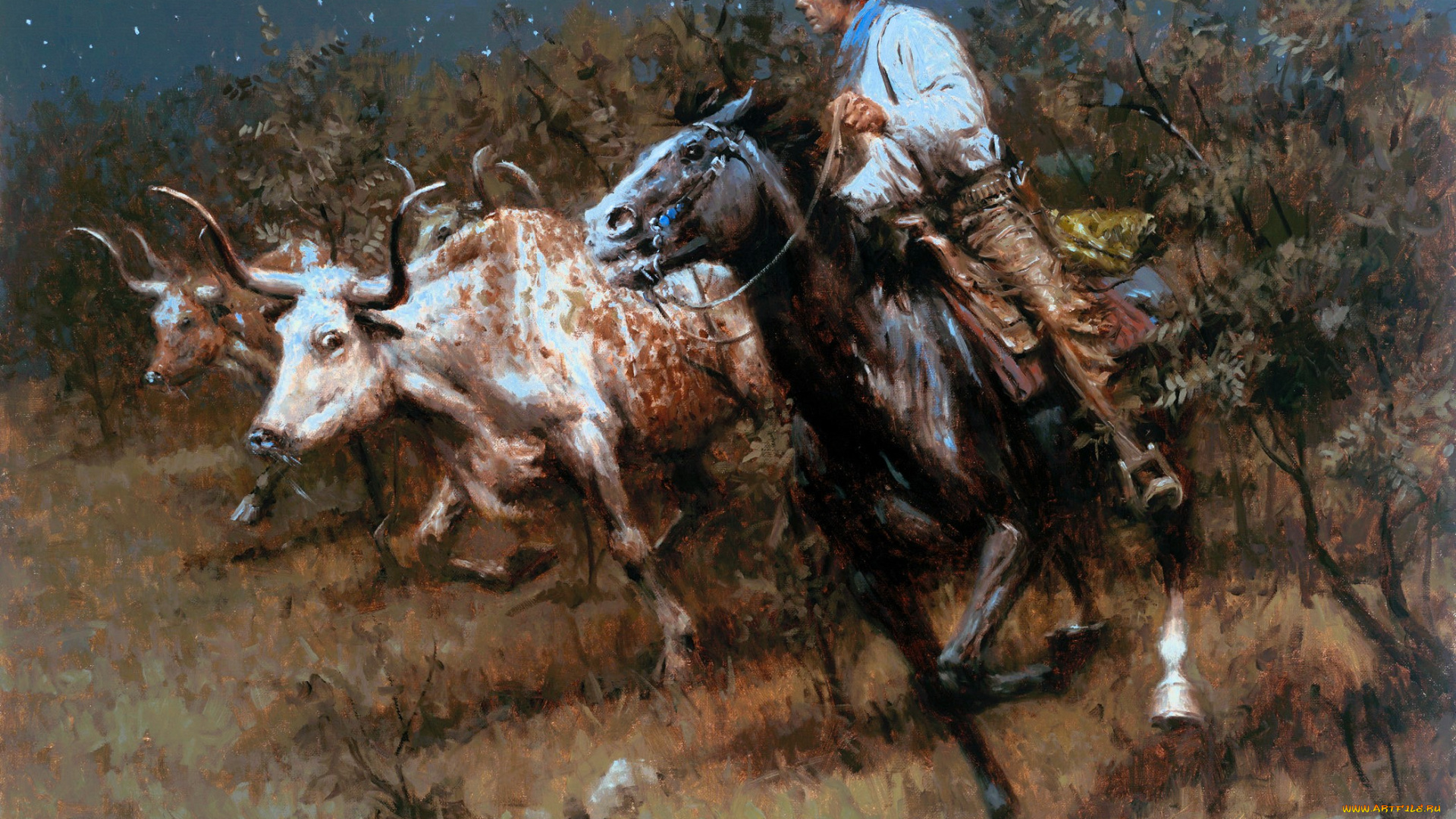 рисованное, andy, thomas, коровы, стадо, всадник, ковбой, пастух, ночь, деревья