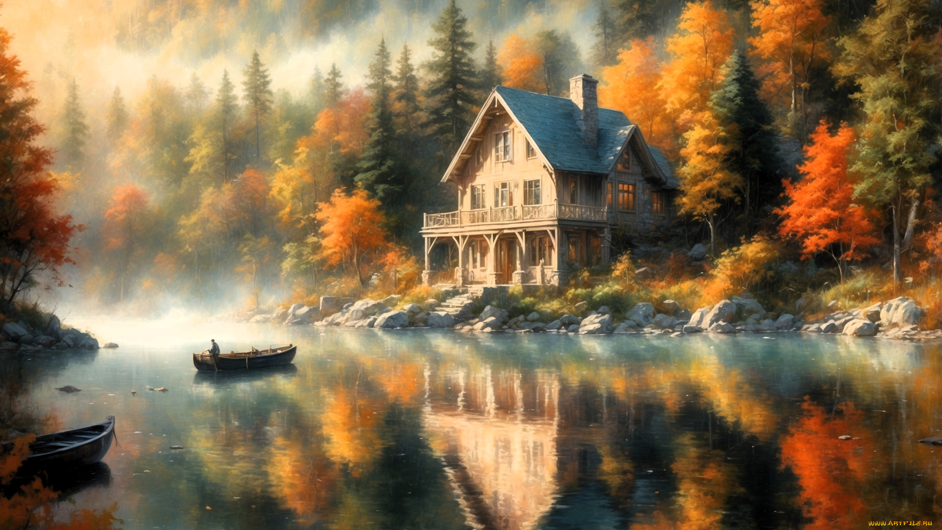 рисованное, природа, лес, горы, дом, осень, река, лодки