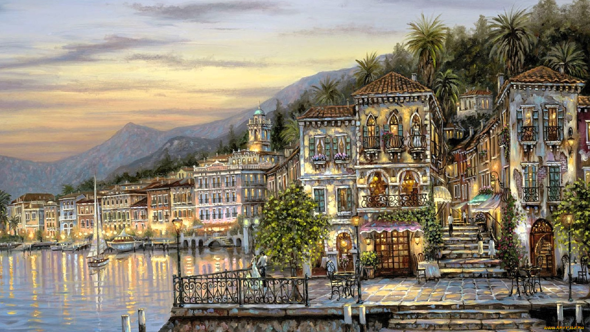 рисованное, robert, finale, гора, закат, пальмы, дома, море, лодки