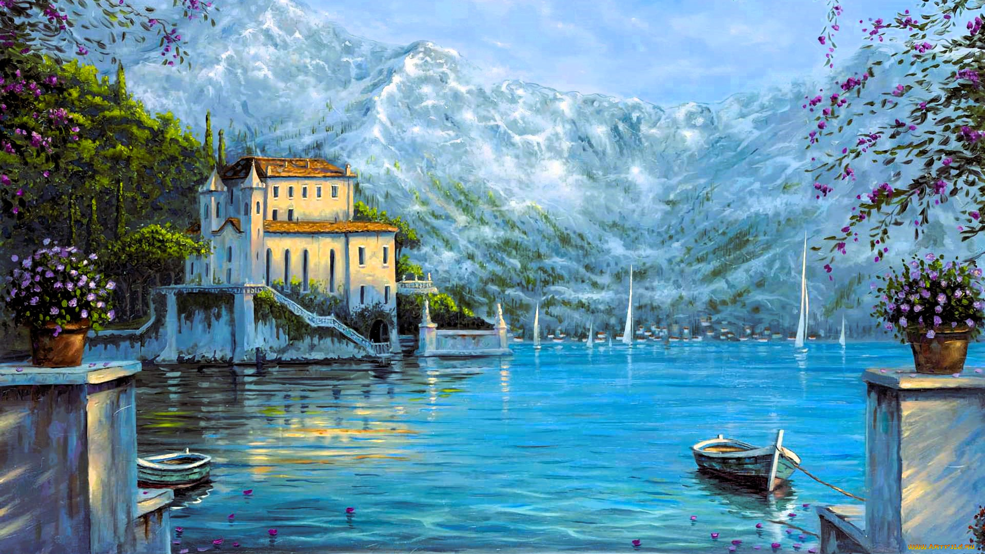 рисованное, robert, finale, горы, сад, дворец, озеро, лодка, цветы