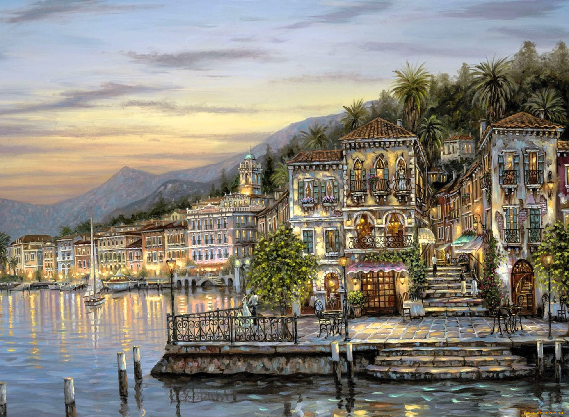 рисованное, robert, finale, гора, закат, пальмы, дома, море, лодки