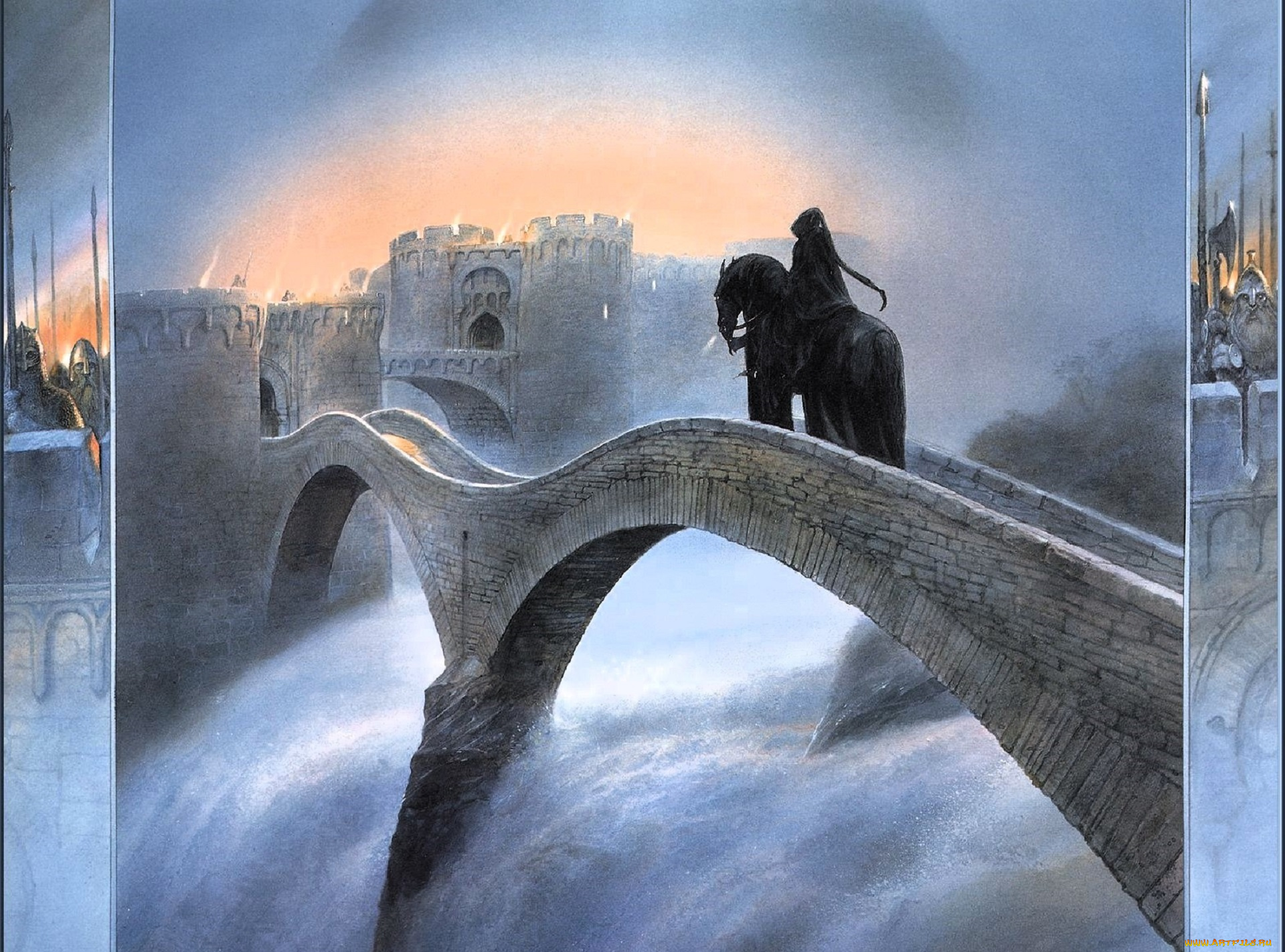 фэнтези, _lord, of, the, rings, всадник, назгул, мост, крепость, река, водопад