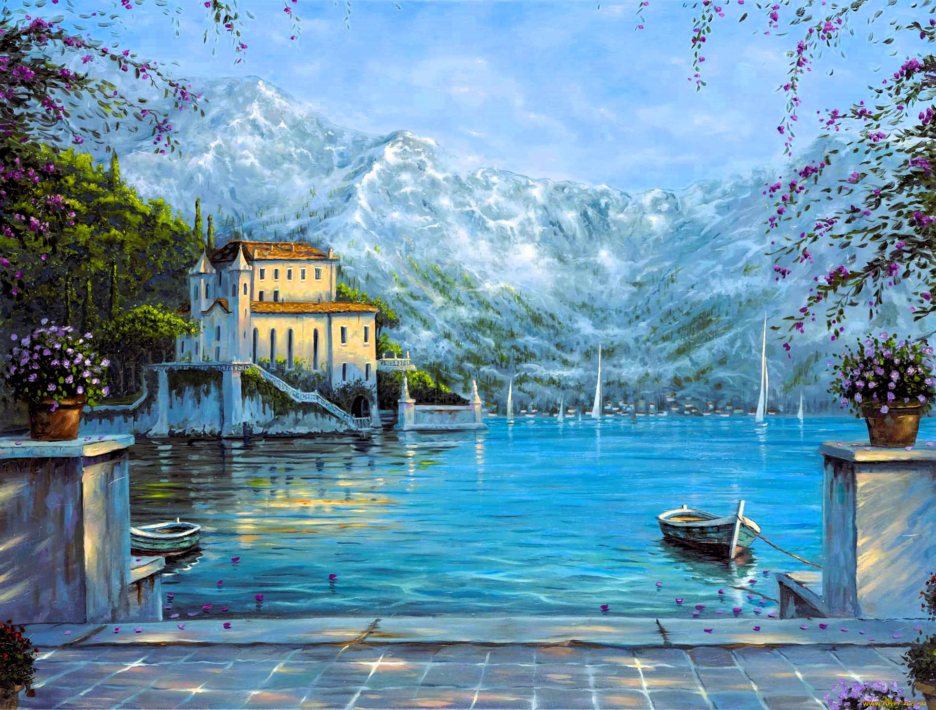 рисованное, robert, finale, горы, сад, дворец, озеро, лодка, цветы