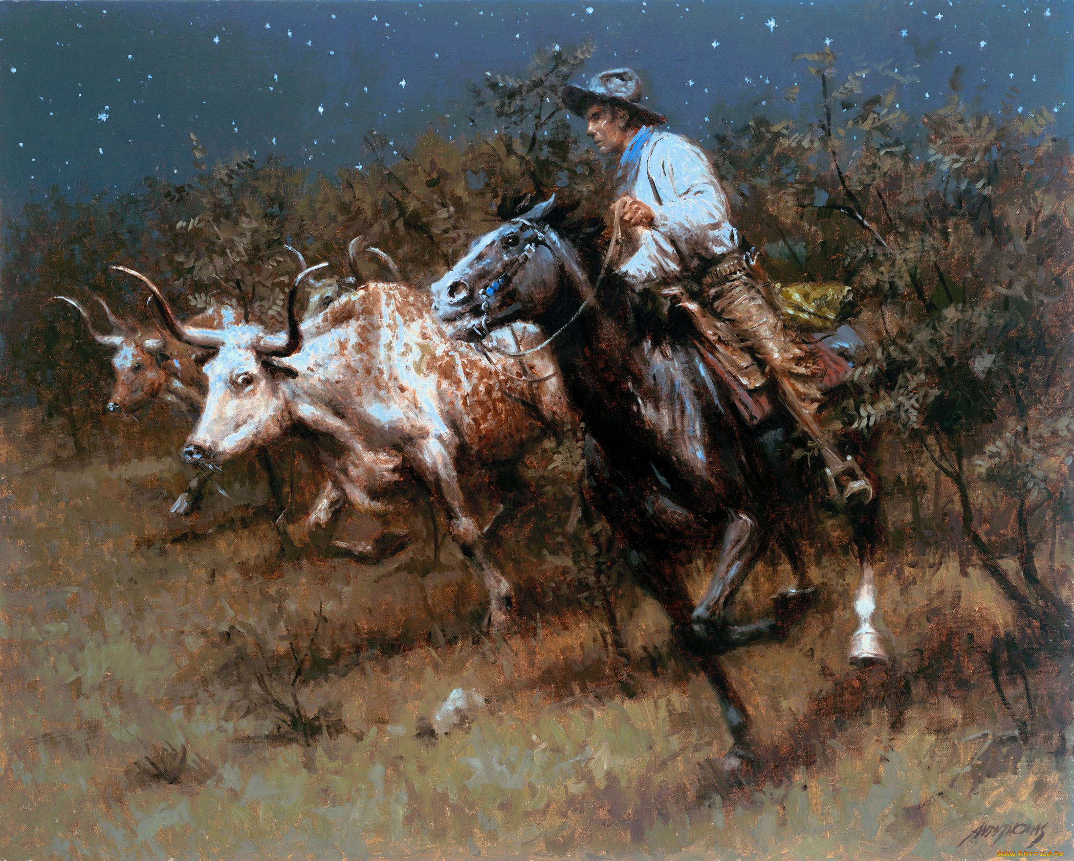 рисованное, andy, thomas, коровы, стадо, всадник, ковбой, пастух, ночь, деревья