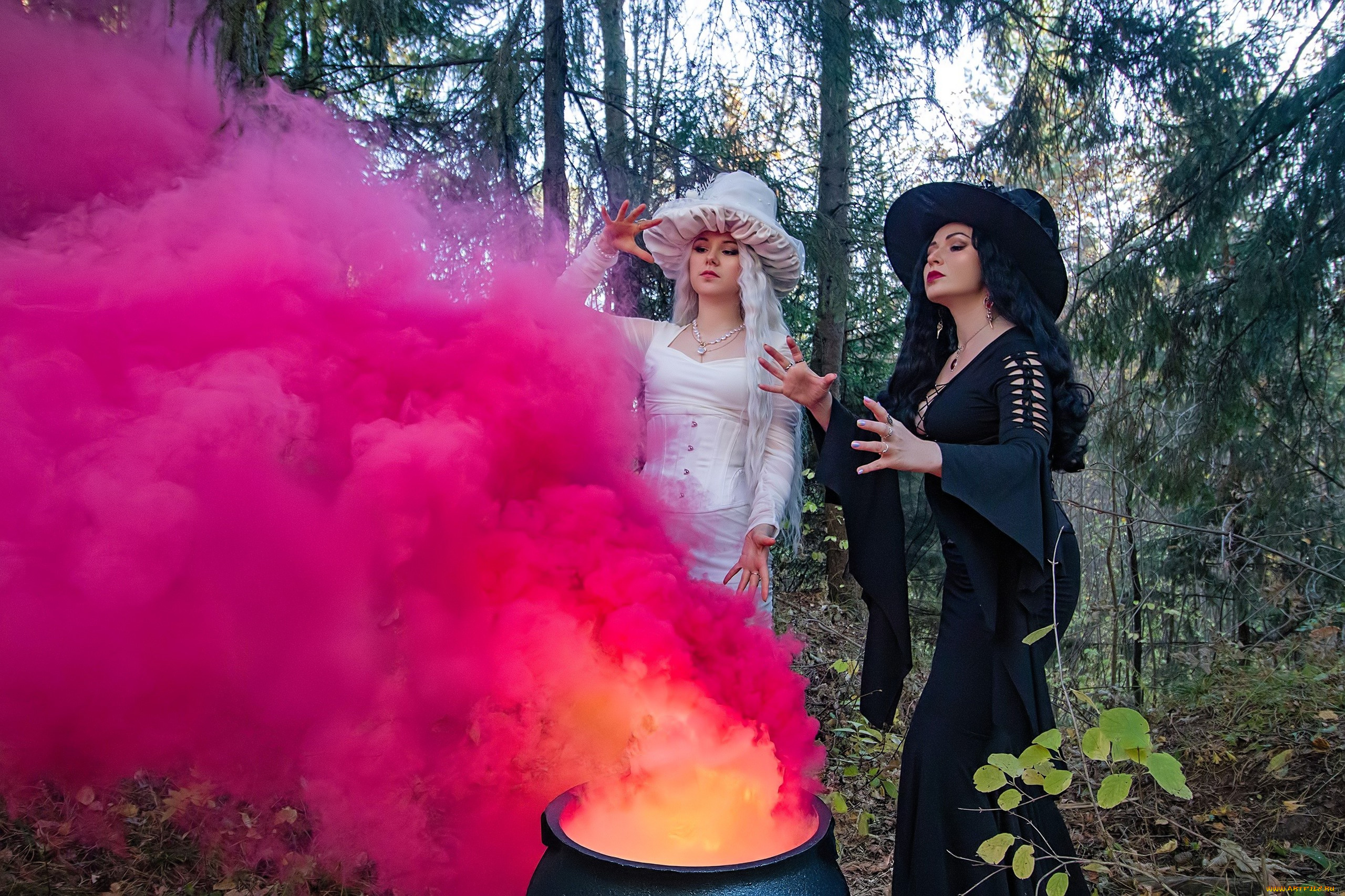 девушки, юлия, огородникова, образы, косплей, наряды, костюмы, подруги, ведьмы, дым, котел, шляпы, платья, лес
