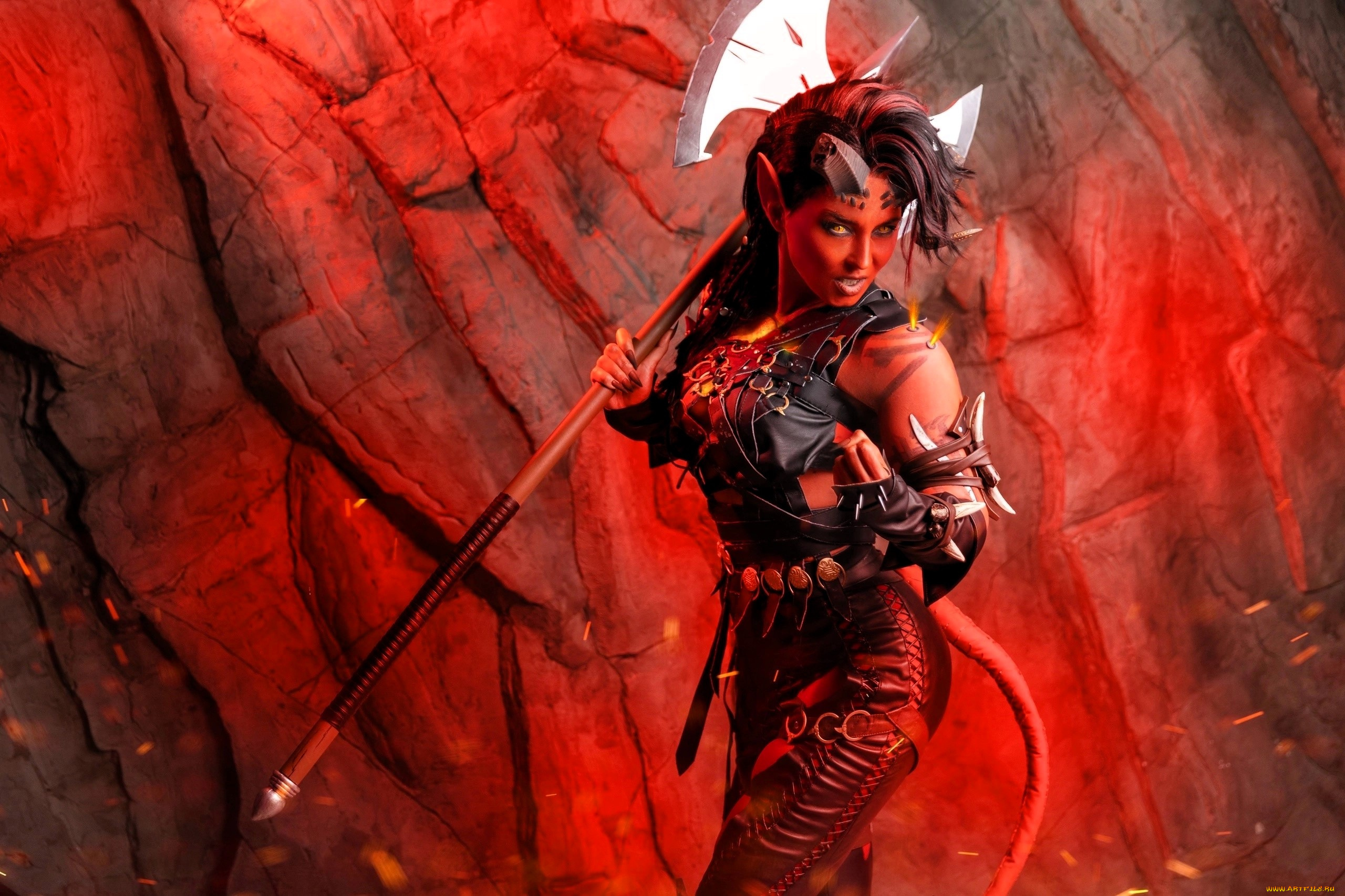 девушки, анна, шаховская, образ, косплей, наряд, костюм, демонесса, секира, скалы, искры