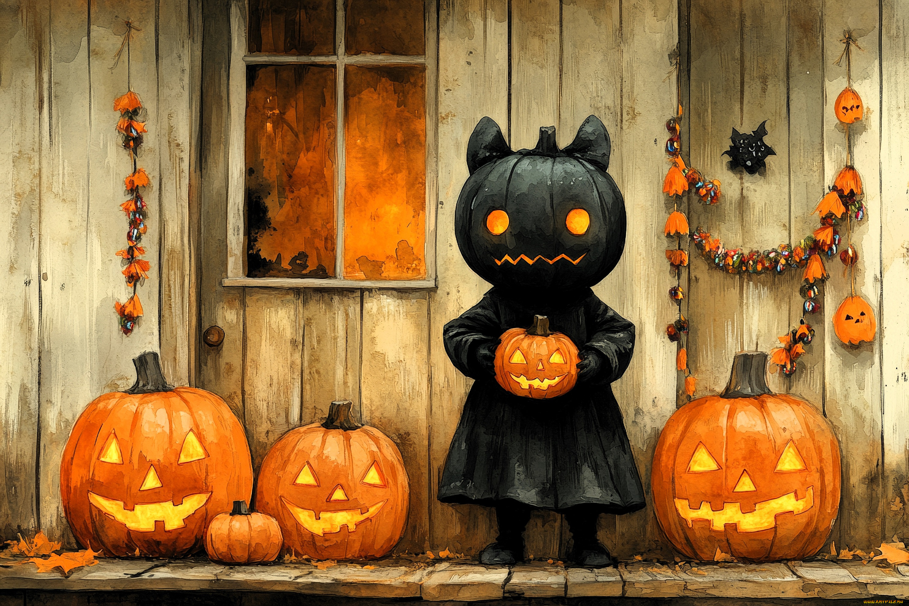 праздничные, хэллоуин, дом, окно, осень, гирлянды, тыквы, костюм, листья