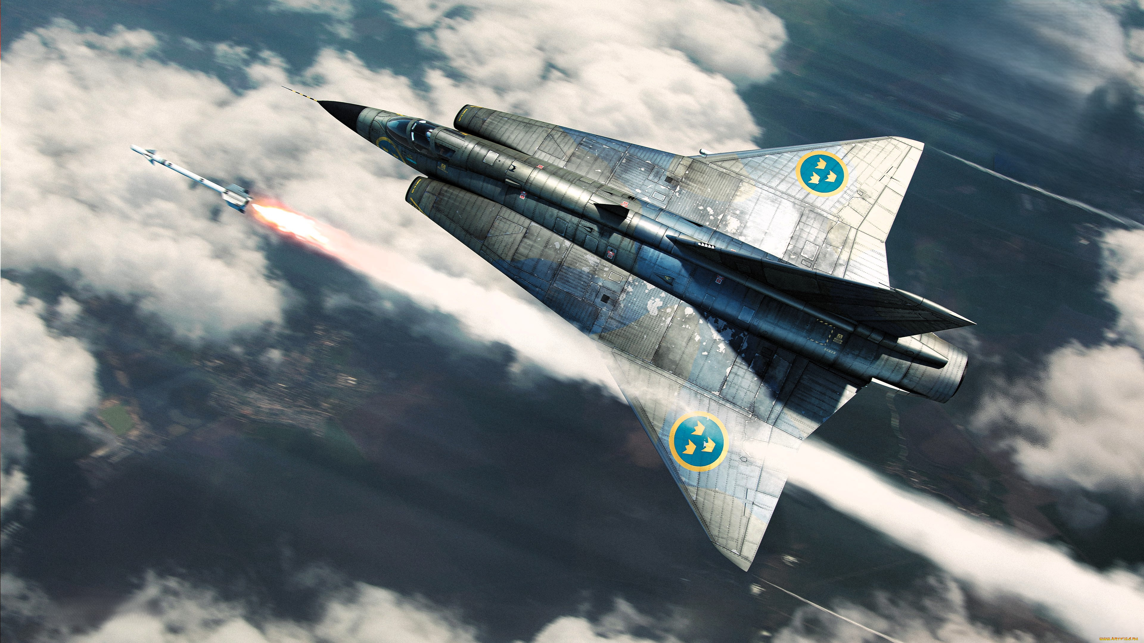 видео, игры, war, thunder, самолет, полет, выстрел, ракета, облака