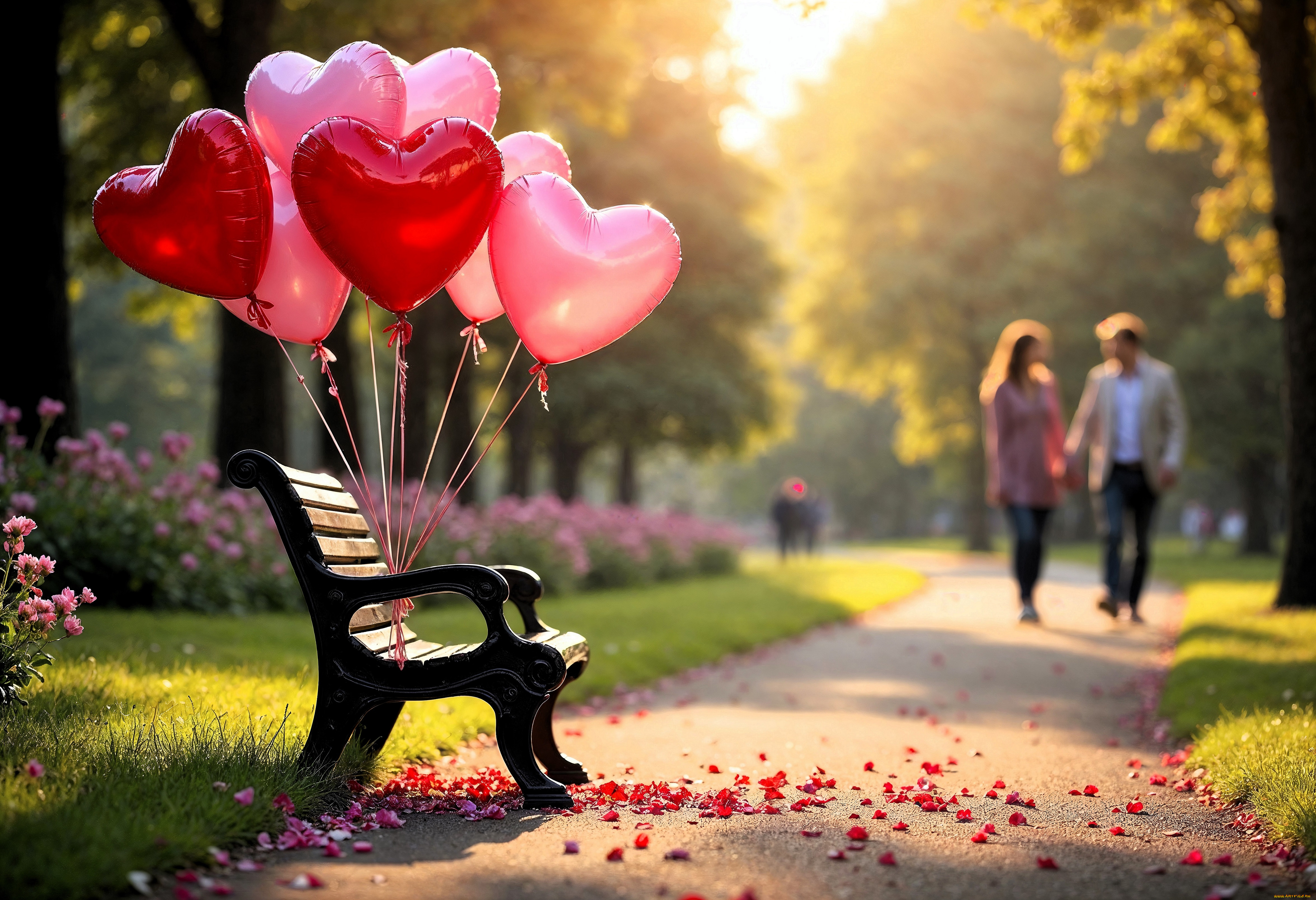 праздничные, день, святого, валентина, , сердечки, , любовь, парк, пара, аллея, дорожка, лепестки, скамейка, шарики, цветы