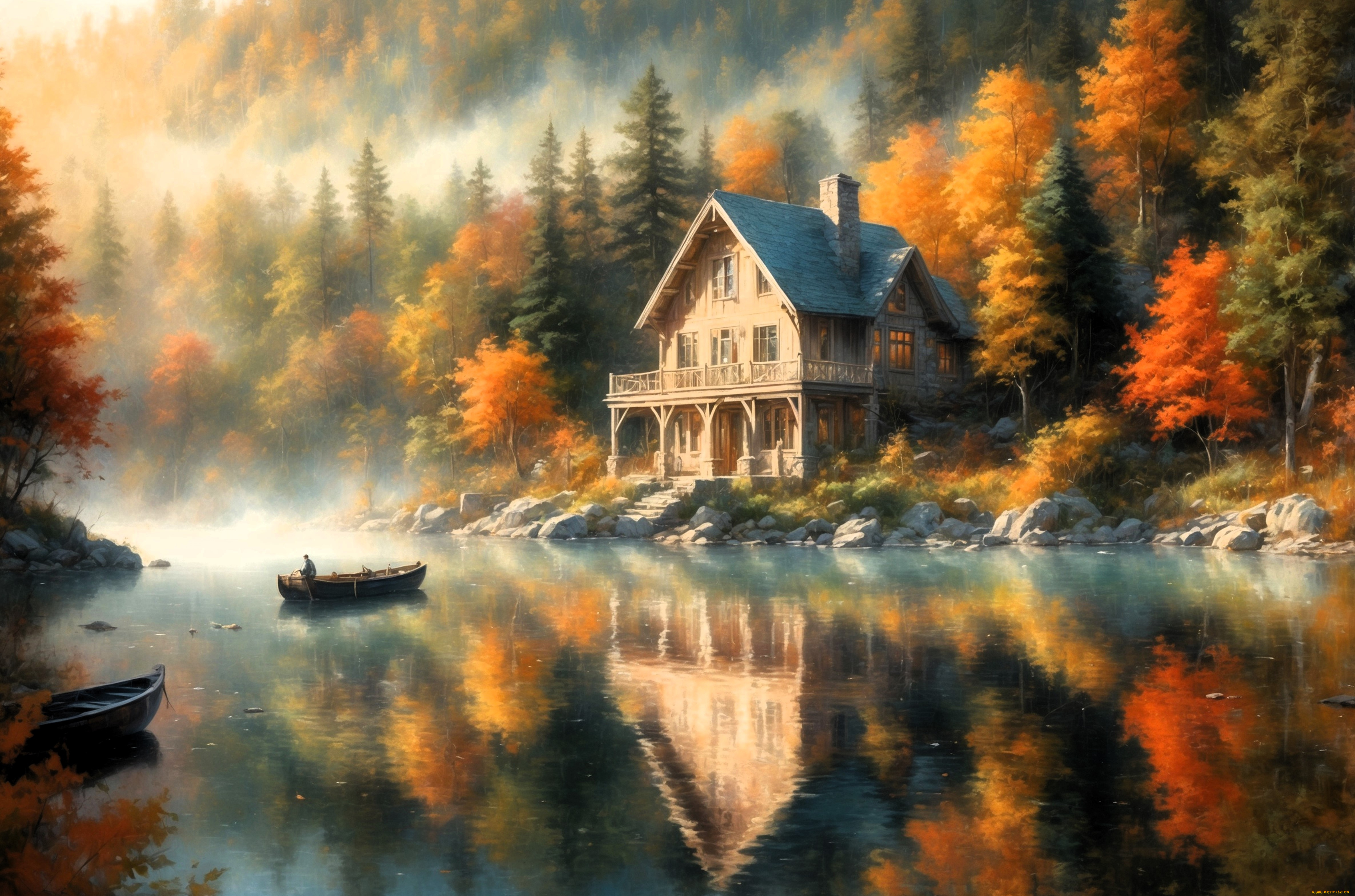 рисованное, природа, лес, горы, дом, осень, река, лодки