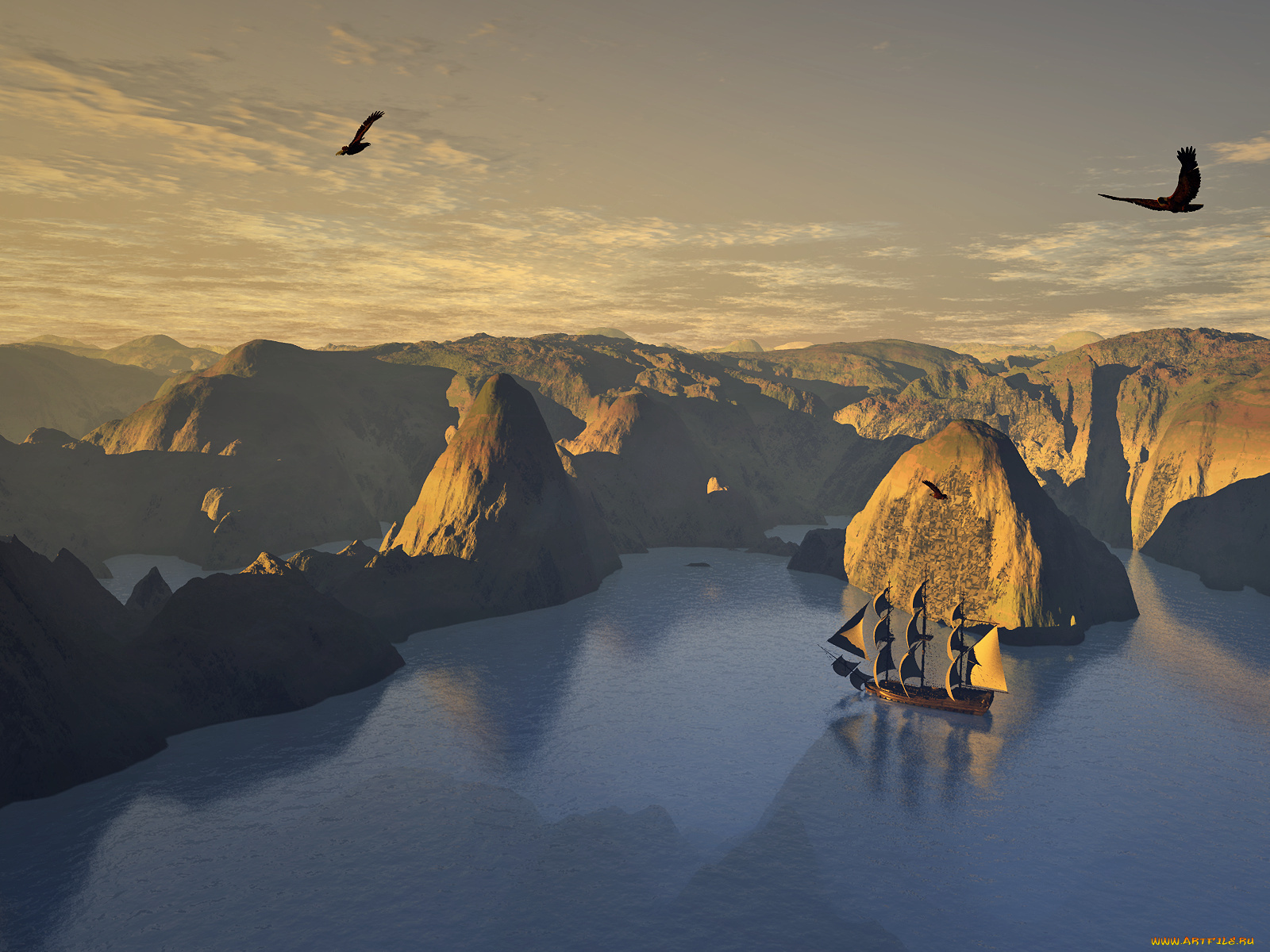 3д, графика, nature, landscape, природа, вода, птицы, облака, парусник