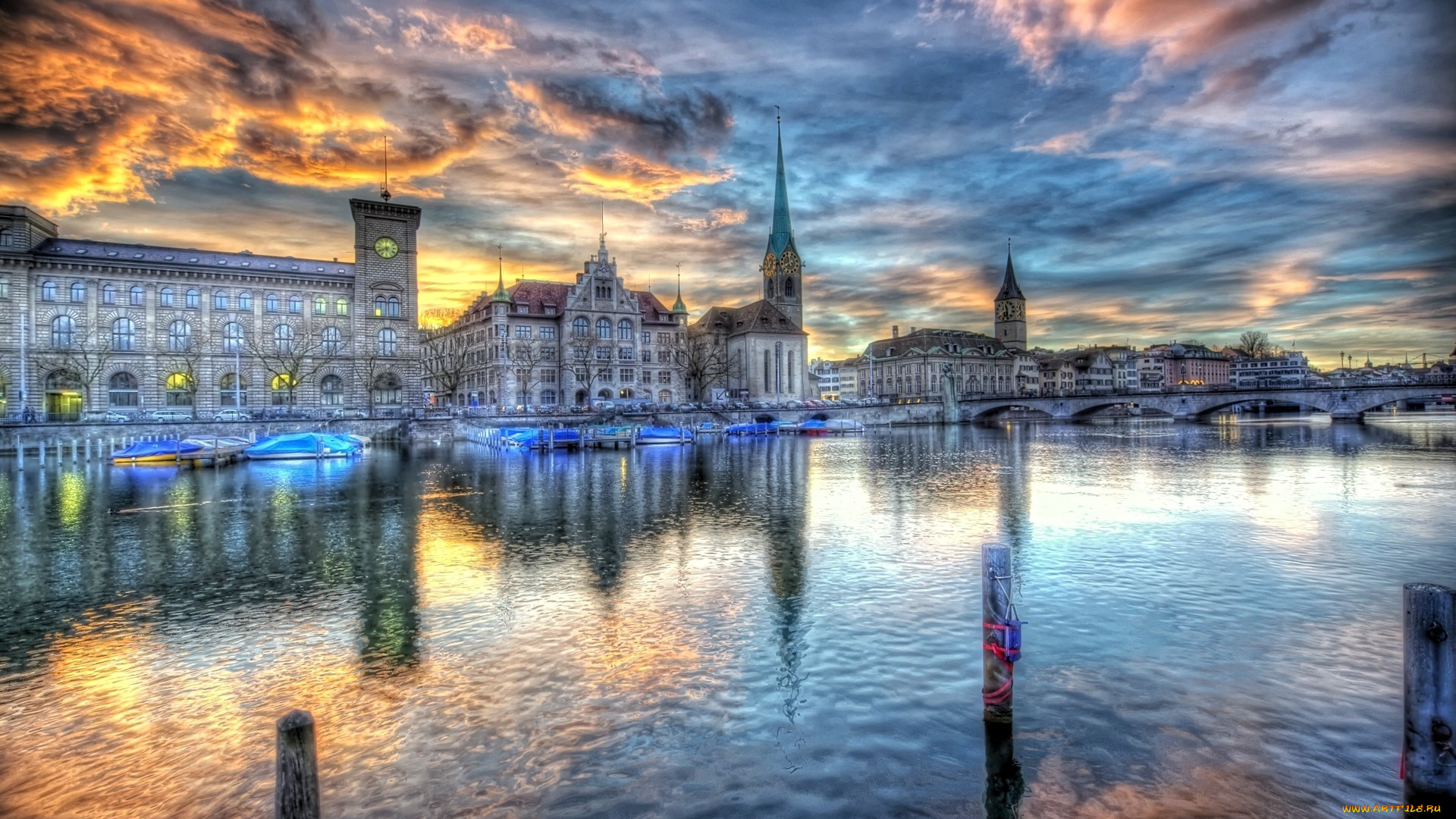 цюрих, швейцария, города, закат, тучи, вода, пристань, мост