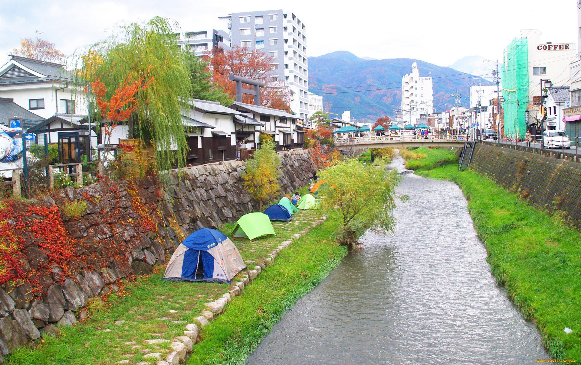 города, мосты, палатки, река, дома